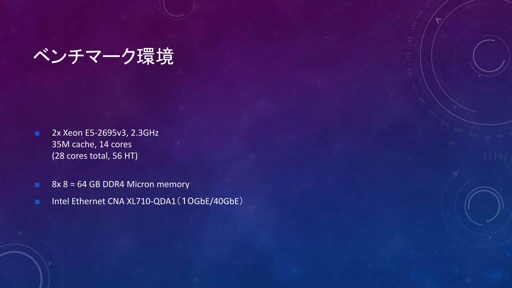 ベンチマーク環境
■ 2x Xeon E5-2695v3, 2.3GHz
35M cache, 14 cores
(28 cores total, 56 HT)
■ 8x 8 = 64 GB DDR4 Micron memory
■ Intel Ethernet CNA XL710-QDA1（１０GbE/40GbE）
 