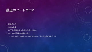 Υϩ`ɥ
? gɽΥ
? NUMA
? 1ܤϤäȤϤʤ
? NICSSDܤτĤ
? NIC: 1GbE  10GbE, CPU: 1GHz  3.2GHz, : CPU1/10Υک`
 