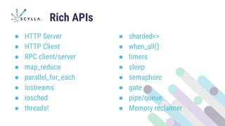 Rich APIs
● HTTP Server
● HTTP Client
● RPC client/server
● map_reduce
● parallel_for_each
● iostreams
● iosched
● threads!
● sharded<>
● when_all()
● timers
● sleep
● semaphore
● gate
● pipe/queue
● Memory reclaimer
 