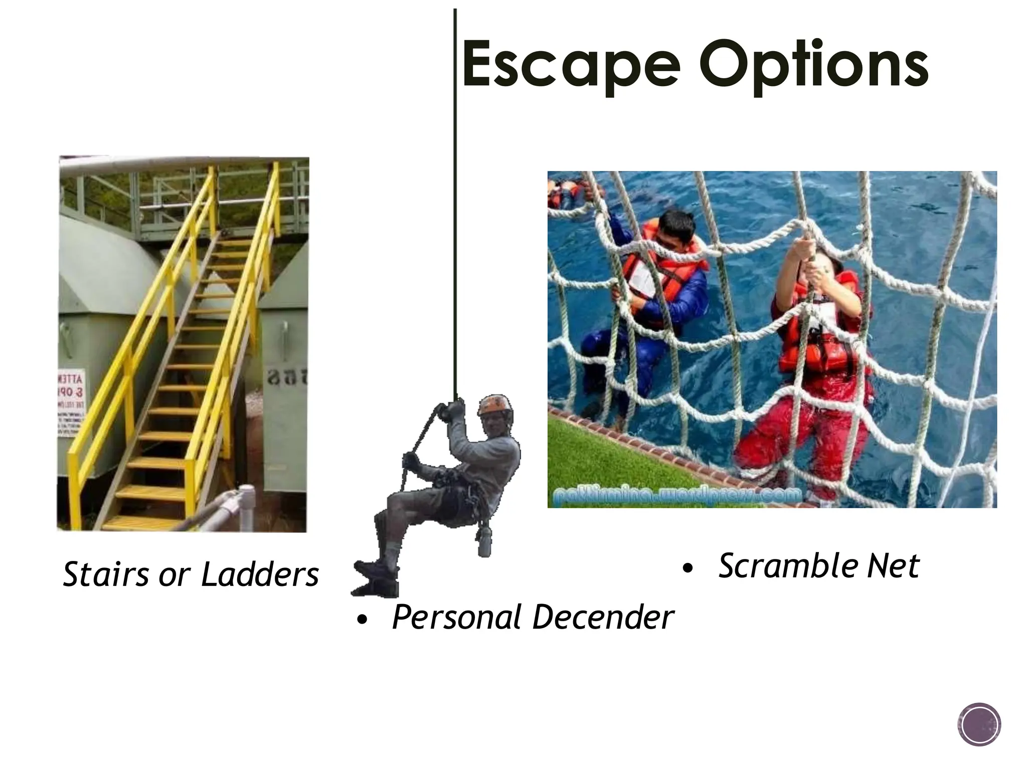 Escape Options
• Personal Decender
Stairs or Ladders • Scramble Net
 
