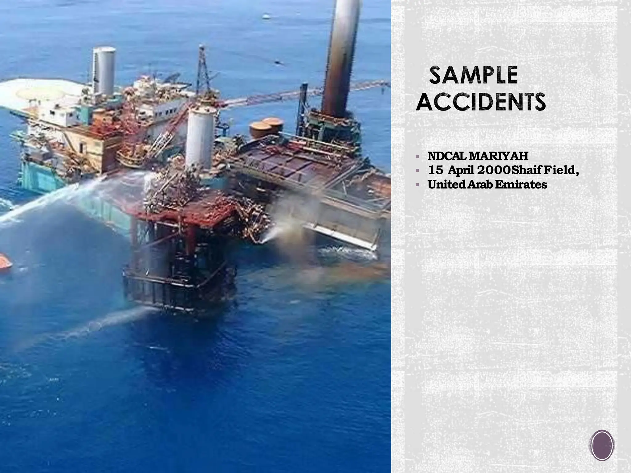 SAMPLE
ACCIDENTS
▪ NDCALMARIYAH
▪ 15 April 2000Shaif Field,
▪ UnitedArabEmirates
 