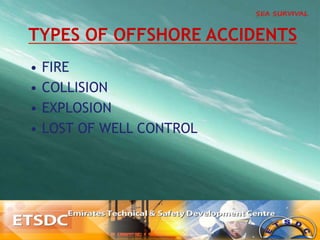 TYPES OF OFFSHORE ACCIDENTS
•  FIRE
•  COLLISION
•  EXPLOSION
•  LOST OF WELL CONTROL
 