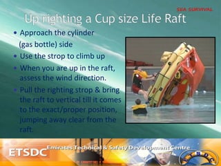 —  Approach	the	cylinder		
			(gas	bottle)	side	
—  Use	the	strop	to	climb	up	
—  When	you	are	up	in	the	raft,	
assess	the	wind	direction.	
—  Pull	the	righting	strop	&	bring	
the	raft	to	vertical	till	it	comes	
to	the	exact/proper	position,	
jumping	away	clear	from	the	
raft.	
 