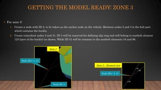 • For zone 3:
1. Create a node with ID 5, to be taken as the anchor node on the vehicle. Between nodes 5 and 3 is the belt part
which contains the buckle.
2. Create coincident nodes 3 and 31. ID 3 will be reserved for defining slip ring and will belong to seatbelt element
123 (part of the buckle) as shown. While ID 31 will be common to the seatbelt elements 16 and 96.
Node ID: 5
Node ID’s: 3, 31
Zone 3
Zone 3 – Zoomed view
Node ID’s: 3, 31
GETTING THE MODEL READY: ZONE 3
 