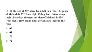 Q.10) Ravi is at 20th
place from left in a row. The place
of Mahesh is 35th
from right if they both interchange
their place then the new position of Mahesh is 42nd
from right. How many total persons are there in the
row?
a) 60
b) 61
c) 70
d) 72
 