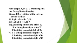 Four people A, B, C, D are sitting in a
row facing North direction
(i) A and D are sitting at the extreme
end of the line.
(ii) Right of A = B, C, D.
(iii) Left of D = C, B, A
(iv) A is sitting immediate left of B.
B is sitting immediate left of C.
C is sitting immediate left of D.
(v) B is sitting immediate right of A.
C is sitting immediate right of B.
D is sitting immediate right of C.
 