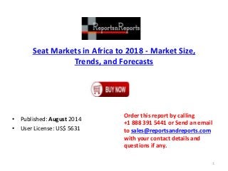 Seat Markets in Africa to 2018 - Market Size,
Trends, and Forecasts
• Published: August 2014
• User License: US$ 5631
Order this report by calling
+1 888 391 5441 or Send an email
to sales@reportsandreports.com
with your contact details and
questions if any.
1
 