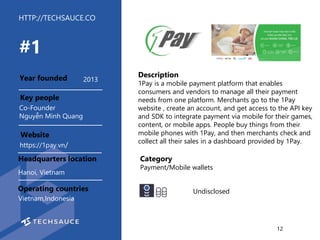 HTTP://TECHSAUCE.CO
Description
1Pay is a mobile payment platform that enables
consumers and vendors to manage all their p...