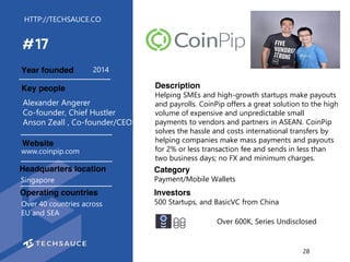 HTTP://TECHSAUCE.CO
Description
Helping SMEs and high-growth startups make payouts
and payrolls. CoinPip offers a great so...