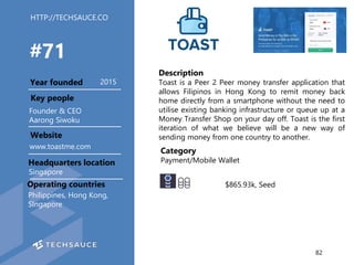 HTTP://TECHSAUCE.CO
Description
Toast is a Peer 2 Peer money transfer application that
allows Filipinos in Hong Kong to re...