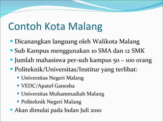 Contoh Kota Malang Dicanangkan langsung oleh Walikota Malang Sub Kampus menggunakan 10 SMA dan 12 SMK Jumlah mahasiswa per-sub kampus 50 – 100 orang Politeknik/Universitas/Institur yang terlibat: Universitas Negeri Malang VEDC/Apatel Ganesha Universitas Muhammadiah Malang Politeknik Negeri Malang Akan dimulai pada bulan Juli 2010 
