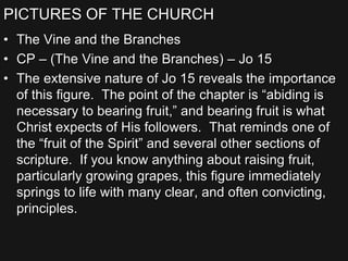 PICTURES OF THE CHURCH
• The Vine and the Branches
• CP – (The Vine and the Branches) – Jo 15
• The extensive nature of Jo 15 reveals the importance
of this figure. The point of the chapter is “abiding is
necessary to bearing fruit,” and bearing fruit is what
Christ expects of His followers. That reminds one of
the “fruit of the Spirit” and several other sections of
scripture. If you know anything about raising fruit,
particularly growing grapes, this figure immediately
springs to life with many clear, and often convicting,
principles.
 
