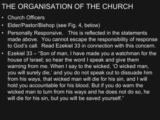 THE ORGANISATION OF THE CHURCH
• Church Officers
• Elder/Pastor/Bishop (see Fig. 4, below)
• Personally Responsive. This is reflected in the statements
made above. You cannot escape the responsibility of response
to God’s call. Read Ezekiel 33 in connection with this concern.
• Ezekiel 33 – “Son of man, I have made you a watchman for the
house of Israel; so hear the word I speak and give them
warning from me. When I say to the wicked, ‘O wicked man,
you will surely die,’ and you do not speak out to dissuade him
from his ways, that wicked man will die for his sin, and I will
hold you accountable for his blood. But if you do warn the
wicked man to turn from his ways and he does not do so, he
will die for his sin, but you will be saved yourself.”
 