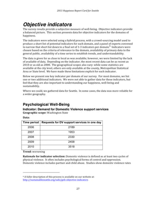 2011 
Happiness 
Report 
Card 
for 
Seattle 
Objective indicators 
The 
survey 
results 
provide 
a 
subjective 
measure 
of 
well-­‐being. 
Objective 
indicators 
provide 
a 
balanced 
picture. 
This 
section 
presents 
data 
for 
objective 
indicators 
for 
the 
domains 
of 
happiness. 
The 
indicators 
were 
selected 
using 
a 
hybrid 
process, 
with 
a 
crowd-­‐sourcing 
model 
used 
to 
produce 
a 
short 
list 
of 
potential 
indicators 
for 
each 
domain, 
and 
a 
panel 
of 
experts 
convened 
to 
narrow 
that 
short 
list 
down 
to 
a 
final 
set 
of 
1-­‐3 
indicators 
per 
domain.6 
Indicators 
were 
chosen 
based 
on 
the 
criteria 
of 
relevance 
to 
the 
domain, 
availability 
of 
primary 
data 
to 
the 
general 
public, 
availability 
of 
a 
time 
series 
to 
establish 
trends, 
and 
understandability. 
The 
data 
is 
given 
for 
as 
close 
to 
local 
as 
was 
available; 
however, 
we 
were 
limited 
by 
the 
lack 
of 
available 
of 
data. 
Depending 
on 
the 
indicator, 
the 
most 
recent 
data 
can 
be 
as 
recent 
as 
2010 
or 
as 
old 
as 
2000. 
The 
geographical 
scopes 
also 
vary: 
while 
some 
statistics 
are 
available 
at 
the 
city 
level, 
others 
are 
only 
available 
at 
the 
county, 
Metropolitan 
Statistical 
Area 
or 
State 
level. 
We 
have 
made 
these 
limitations 
explicit 
for 
each 
indicator. 
Below 
we 
present 
one 
key 
indicator 
per 
domain 
of 
our 
survey. 
For 
most 
domains, 
we 
list 
one 
or 
two 
additional 
indicators. 
We 
were 
not 
able 
to 
gather 
data 
for 
these 
indicators, 
but 
feel 
that 
they 
are 
also 
important 
to 
understanding 
our 
happiness, 
well-­‐being 
and 
sustainability. 
Where 
we 
could, 
we 
gathered 
data 
for 
Seattle. 
In 
some 
cases, 
the 
data 
was 
more 
reliable 
for 
a 
wider 
geography. 
Psychological Well-Being 
Indicator: Demand for Domestic Violence support services 
Geographic 
scope: 
2 
7 
Washington 
State 
Data: 
Time period Requests for DV support services in one day 
2006 2189 
2007 1953 
2008 2330 
2009 2458 
2010 3518 
Trend: 
worsening 
Rationale 
for 
indicator 
selection: 
Domestic 
violence 
is 
defined 
as 
at 
least 
two 
cycles 
of 
physical 
violence. 
It 
often 
includes 
psychological 
forms 
of 
control 
and 
oppression. 
Domestic 
violence 
includes 
partner 
and 
child 
abuse. 
Studies 
show 
domestic 
violence 
rates 
6 
A 
fuller 
description 
of 
this 
process 
is 
available 
on 
our 
website 
at: 
http://sustainableseattle.org/sahi/gnh-­‐objective-­‐indicators 
 
