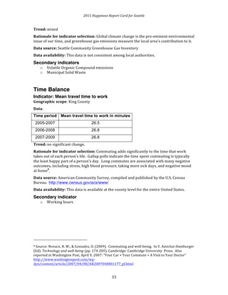 2011 
Happiness 
Report 
Card 
for 
Seattle 
3 
3 
Trend: 
mixed 
Rationale 
for 
indicator 
selection: 
Global 
climate 
change 
is 
the 
pre-­‐eminent 
environmental 
issue 
of 
our 
time, 
and 
greenhouse 
gas 
emissions 
measure 
the 
local 
area’s 
contribution 
to 
it. 
Data 
source: 
Seattle 
Community 
Greenhouse 
Gas 
Inventory 
Data 
availability: 
This 
data 
is 
not 
consistent 
among 
local 
authorities. 
Secondary indicators 
o Volatile 
Organic 
Compound 
emissions 
o Municipal 
Solid 
Waste 
Time Balance 
Indicator: Mean travel time to work 
Geographic 
scope: 
King 
County 
Data: 
Time period Mean travel time to work in minutes 
2005-2007 26.5 
2006-2008 26.8 
2007-2009 26.8 
Trend: 
no 
significant 
change. 
Rationale 
for 
indicator 
selection: 
Commuting 
adds 
significantly 
to 
the 
time 
that 
work 
takes 
out 
of 
each 
person’s 
life. 
Gallup 
polls 
indicate 
the 
time 
spent 
commuting 
is 
typically 
the 
least 
happy 
part 
of 
a 
person’s 
day. 
Long 
commutes 
are 
associated 
with 
many 
negative 
outcomes, 
including 
stress, 
high 
blood 
pressure, 
taking 
more 
sick 
days, 
and 
negative 
mood 
at 
home8. 
Data 
source: 
American 
Community 
Survey, 
compiled 
and 
published 
by 
the 
U.S. 
Census 
Bureau. 
http://www.census.gov/acs/www/ 
Data 
availability: 
This 
data 
is 
available 
at 
the 
county 
level 
for 
the 
entire 
United 
States. 
Secondary indicator 
o Working 
hours 
8 
Source: 
Novaco, 
R. 
W., 
& 
Gonzalez, 
O. 
(2009). 
Commuting 
and 
well-­‐being. 
In 
Y. 
Amichai-­‐Hamburger 
(Ed). 
Technology 
and 
well-­‐being 
(pp. 
174-­‐205). 
Cambridge: 
Cambridge 
University 
Press. 
Also 
reported 
in 
Washington 
Post, 
April 
9, 
2007: 
“Your 
Car 
+ 
Your 
Commute 
= 
A 
Visit 
to 
Your 
Doctor” 
http://www.washingtonpost.com/wp-­‐ 
dyn/content/article/2007/04/08/AR2007040801177_pf.html 
 