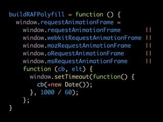 buildRAFPolyfill = function () {
  window.requestAnimationFrame =
    window.requestAnimationFrame         ||
    window.webkitRequestAnimationFrame   ||
    window.mozRequestAnimationFrame      ||
    window.oRequestAnimationFrame        ||
    window.msRequestAnimationFrame       ||
    function (cb, elt) {
       window.setTimeout(function() {
         cb(+new Date());
       }, 1000 / 60);
    };
}
 