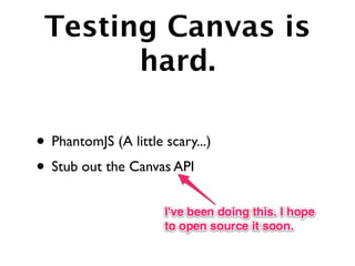 Testing Canvas is
       hard.

• PhantomJS (A little scary...)
• Stub out the Canvas API
 