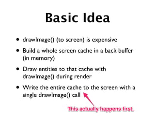 Basic Idea
• drawImage() (to screen) is expensive
• Build a whole screen cache in a back buffer
  (in memory)
• Draw entities to that cache with
  drawImage() during render
• Write the entire cache to the screen with a
  single drawImage() call
 