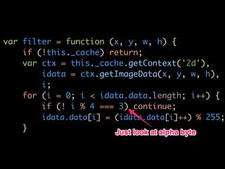 var filter = function (x, y, w, h) {
    if (!this._cache) return;
    var ctx = this._cache.getContext('2d'),
        idata = ctx.getImageData(x, y, w, h),
        i;
    for (i = 0; i < idata.data.length; i++) {
        if (! i % 4 === 3) continue;
        idata.data[i] = (idata.data[i]++) % 255;
    }
 