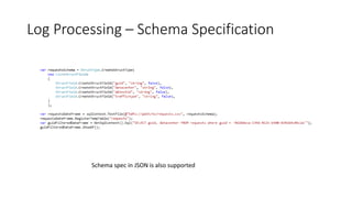 Log Processing – Schema Specification
Schema spec in JSON is also supported
 