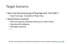 Target Scenario
• Near real time processing of Bing logs (aka “Fast SML”)
• Size of raw logs - hundreds of TB per hour
• Downstream scenarios
• NRT click signal & improved relevance on fresh results
• Operational Intelligence
• Bad flight detection
• …
Another team we partnered with had an interactive scenario need for querying Cosmos logs
 