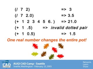 (/ 7 2) => 3
(/ 7 2.0) => 3.5
(+ 1 2 3 4 5 6. ) => 21.0
(+ 1 .5) => invalid dotted pair
(+ 1 0.5) => 1.5
One real number changes the entire pot!
 