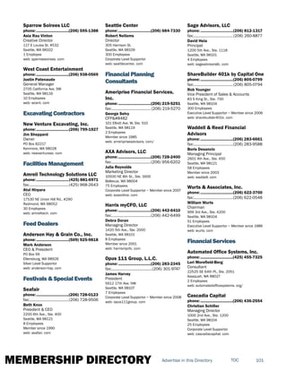 MEMBERSHIP DIRECTORY 101TOCAdvertise in this Directory
Sparrow Soirees LLC
phone:...............................(206) 595-1388
Asia Rau Vinton
Creative Director
117 E Louisa St. #532
Seattle, WA 98102
1 Employee
web: sparrowsoirees. com
West Coast Entertainment
phone:...............................(206) 938-0569
Justin Patenaude
General Manager
2705 California Ave. SW
Seattle, WA 98116
10 Employees
web: wcent. com
Excavating Contractors
New Venture Excavating, Inc.
phone:...............................(206) 799-1927
Jim Sheppard
Owner
PO Box 82217
Kenmore, WA 98028
web: newventureex. com
Facilities Management
Amreli Technology Solutions LLC
phone:...............................(425) 881-6971
fax:......................................(425) 968-2643
Atul Hirpara
CEO
17530 NE Union Hill Rd., #290
Redmond, WA 98052
30 Employees
web: amrelitech. com
Feed Dealers
Anderson Hay & Grain Co., Inc.
phone:...............................(509) 925-9818
Mark Anderson
CEO & President
PO Box 99
Ellensburg, WA 98926
Silver Level Supportor
web: anderson-hay. com
Festivals & Special Events
Seafair
phone:...............................(206) 728-0123
fax:......................................(206) 728-9506
Beth Knox
President & CEO
2200 6th Ave., Ste. 400
Seattle, WA 98121
8 Employees
Member since 1990
web: seafair. com
Seattle Center
phone:...............................(206) 684-7330
Robert Nellams
Director
305 Harrison St.
Seattle, WA 98109
300 Employees
Corporate Level Supportor
web: seattlecenter. com
Financial Planning
Consultants
Ameriprise Financial Services,
Inc.
phone:...............................(206) 219-5251
fax:...................................... (206) 219-5270
George Selvy
CFP™
101 Elliott Ave. W, Ste. 510
Seattle, WA 98119
2 Employees
Member since 1985
web: ameripriseadvisors. com/
AXA Advisors, LLC
phone:...............................(206) 728-2400
fax:......................................(206) 956-6202
Julia Reynolds
Marketing Director
10500 NE 8th St., Ste. 1600
Bellevue, WA 98004
75 Employees
Corporate Level Supportor ~ Member since 2007
web: axaonline. com
Harris myCFO, LLC
phone:...............................(206) 442-6410
fax:......................................(206) 442-6499
Debra Doran
Managing Director
1420 5th Ave., Ste. 2000
Seattle, WA 98101
8 Employees
Member since 2001
web: harrismycfo. com
Opus 111 Group, L.L.C.
phone:...............................(206) 283-2345
fax:.......................................(206) 301-9747
James Harvey
President
5612 17th Ave. NW
Seattle, WA 98107
7 Employees
Corporate Level Supportor ~ Member since 2008
web: opus111group. com
Sage Advisors, LLC
phone:...............................(206) 812-1317
fax:......................................(206) 260-8877
David Heia
Principal
1200 5th Ave., Ste. 1118
Seattle, WA 98101
4 Employees
web: sageadvisorsllc. com
ShareBuilder 401k by Capital One
phone:...............................(206) 805-0799
fax:......................................(206) 805-0794
Rob Younger
Vice President of Sales & Accounts
83 S King St., Ste. 700
Seattle, WA 98104
300 Employees
Executive Level Supportor ~ Member since 2006
web: sharebuilder401k. com
Waddell & Reed Financial
Advisors
phone:...............................(206) 283-6661
fax:......................................(206) 283-9588
Boris Desancic
Managing Principal
2601 4th Ave., Ste. 450
Seattle, WA 98121
58 Employees
Member since 2003
web: waddell. com
Wurts & Associates, Inc.
phone:...............................(206) 622-3700
fax:......................................(206) 622-0548
William Wurts
Chairman
999 3rd Ave., Ste. 4200
Seattle, WA 98104
51 Employees
Executive Level Supportor ~ Member since 1986
web: wurts. com
Financial Services
Automated Office Systems, Inc.
phone:...............................(425) 455-7325
Lori Morefield-Berg
Consultant
22525 SE 64th Pl., Ste. 2051
Issaquah, WA 98027
2 Employees
web: automatedofficesystems. org/
Cascadia Capital
phone:...............................(206) 436-2554
Christian Schiller
Managing Director
1000 2nd Ave., Ste. 1200
Seattle, WA 98104
25 Employees
Corporate Level Supportor
web: cascadiacapital. com
 