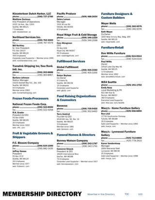 MEMBERSHIP DIRECTORY 105TOCAdvertise in this Directory
Kloosterboer Dutch Harbor, LLC
phone:...............................(206) 727-2780
Matthew Darbous
Vice President of Operations
2025 1st Ave., Ste. 1205
Seattle, WA 98121
7 Employees
web: kloosterboer. us
Northland Services Inc.
phone:...............................(206) 763-3000
fax:...................................... (206) 767-5579
Bill Northey
Sr. Vice President
P.O. Box 24527
Seattle, WA 98124
300 Employees
Corporate Level Supportor ~ Member since 1995
web: northlandservices. com
Translink Shipping Inc/Sea Rank
Intl. Inc.
phone:...............................(206) 363-8888
fax:......................................(206) 363-8667
Barbara Johnson
Station Manager
15020 Bothell Way N.E., Ste. 100
Seattle, WA 98155
55 Employees
Member since 1993
web: translinkshipping. com
Frozen Foods-Processors
National Frozen Foods Corp.
phone:...............................(206) 322-8900
fax:......................................(206) 322-4458
R.H. Grader
President & CEO
PO Box 9366
Seattle, WA 98109
35 Employees
Member since 1919
web: nffc. com
Fruit & Vegetable Growers &
Shippers
F.C. Bloxom Company
phone:...............................(206) 624-1000
fax:......................................(206) 682-1435
Jeffrey Hawes
President
PO Box 3737
Seattle, WA 98124
26 Employees
Member since 1977
web: fcbloxom. com
Pacific Produce
phone:...............................(509) 488-2654
Debra Leman
Manager
1501 W Lee Rd.
Othello, WA 99344
9 Employees
Royal Ridge Fruit & Cold Storage
phone:...............................(509) 346-1520
fax:......................................(509) 346-2098
Cory Wengreen
CFO
PO Box 428
Royal City, WA 99357
55 Employees
web: royalridgefruits. com
Fulfillment Services
Global Fulfillment
phone:...............................(206) 405-3350
fax:......................................(206) 405-3356
Robyn Bayless
Co-Owner
4 S Idaho St.
Seattle, WA 98134
15 Employees
Corporate Level Supportor
web: gloful. com
Fund Raising Organizations
& Counselors
Benevon
phone:...............................(206) 709-9400
fax:......................................(206) 352-9492
Terry Axelrod
Founder & CEO
4528 8th Ave. NE, Ste. 1A
Seattle, WA 98105
3 Employees
Member since 1981
web: benevon. com
Funeral Homes & Directors
Bonney-Watson Company
phone:...............................(206) 242-1787
fax:...................................... (206) 242-1791
Cameron Smock
President & CEO
16445 International Blvd.
SeaTac, WA 98188
70 Employees
Corporate Level Supportor ~ Member since 1917
web: bonneywatson. com
Furniture Designers &
Custom Builders
Meyer Wells
phone:...............................(206) 282-0076
fax:...................................... (206) 282-5076
Seth Meyer
Co-Owner
1600 West Armory Way, Bldg. 269
Seattle, WA 98119
web: meyerwells. com
Furniture-Retail
Don Willis Furniture
phone:...............................(206) 524-9944
fax:......................................(206) 524-0220
Paul Willis
Owner
10516 Lake City Way NE
Seattle, WA 98125
13 Employees
Member since 1992
web: donwillisfurniture. com
IKEA Seattle
phone:...............................(425) 251-1702
Emily Ness
Local Marketing & PR
601 SW 41st St.
Renton, WA 98057
360 Employees
Executive Level Supportor
web: ikea-usa. com/seattle
Macy's - Home Furniture Gallery
phone:...............................(425) 656-6850
Ron Lind
17750 Southcenter Parkway
Tukwila, WA 98188
30 Employees
Gold Level Supportor ~ Member since 1994
web: macys. com
Macy's - Lynnwood Furniture
Gallery
phone:...............................(425) 712-6850
fax:...................................... (425) 778-2610
Karen Vanderstoep
Manager
2909 Alderwood Mall
Lynnwood, WA 98036
25 Employees
Gold Level Supportor ~ Member since 1998
web: macys. com
 