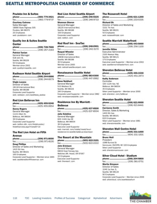 SEATTLE METROPOLITAN CHAMBER OF COMMERCE
116 TOC Leading Investors Profiles of Success Categorical Alphabetical Advertisers
Poulsbo Inn & Suites
phone:...............................(360) 779-3921
fax:...................................... (360) 779-9737
Courtney Cutrona
Sales Manager
18680 State Highway 305
Poulsbo, WA 98370
25 Employees
web: poulsboinn. com
Quality Inn & Suites Seattle
Center
phone:...............................(206) 728-7666
fax:......................................(206) 267-2163
Patrick Tanian
General Manager
618 John St.
Seattle, WA 98109
50 Employees
Member since 2002
web: qualityinnseattle. com
Radisson Hotel Seattle Airport
phone:...............................(206) 244-6666
fax:......................................(206) 244-6679
Virgie Lozano
Director of Sales
18118 International Blvd.
Seattle, WA 98188
Corporate Level Supportor
web: radisson. com/seattlewa_seatac
Red Lion Bellevue Inn
phone:...............................(425) 455-5240
fax:......................................(425) 455-0654
Danny Rogers
General Manager
11211 Main St.
Bellevue, WA 98004
39 Employees
Corporate Level Supportor
web: redlion.rdln. com/HotelLocator/
HotelOverview.aspx?metaID=14
The Red Lion Hotel on Fifth
Avenue
phone:...............................(206) 971-8000
fax:.......................................(206) 971-8100
Doug Phillips
Director of Sales and Marketing
1415 5th Ave.
Seattle, WA 98101
160 Employees
Corporate Level Supportor ~ Member since 1995
web: seattleredlionfifthavenue. com
Red Lion Hotel Seattle Airport
phone:...............................(206) 246-5535
fax:...................................... (206) 246-9733
Shannon Sheron
General Manager
18220 International Blvd.
Seattle, WA 98188
100 Employees
Corporate Level Supportor
web: redlion. com
Red Roof Inn - SeaTac
phone:...............................(206) 248-0901
fax:...................................... (206) 242-3170
Raquel Wheeler
Director of Sales
16838 International Blvd.
Seattle, WA 98188
30 Employees
Member since 2000
web: redroof-seattle-airport. com
Renaissance Seattle Hotel
phone:...............................(206) 583-0300
fax:......................................(206) 447-0992
Rene Neidhart
General Manager
515 Madison St.
Seattle, WA 98104
240 Employees
Corporate Level Supportor ~ Member since 1982
web: renaissanceseattle. com
Residence Inn By Marriott -
Bellevue
phone:...............................(425) 637-8500
fax:......................................(425) 637-8504
Julie Holstine
General Manager
605 114th Ave SE
Bellevue, WA 98004
36 Employees
Executive Level Supportor
web: marriott. com/hotels/travel/bvuri-
residence-inn-seattle-bellevue-downtown
The Resort at the Mountain
phone:...............................(503) 622-3101
fax:......................................(503) 622-2222
John Erickson
General Manager
68010 East Fairway Ave.
Welches (Mt. Hood), OR 97067
32 Employees
Executive Level Supportor
web: theresort. com
The Roosevelt Hotel
phone:...............................(206) 621-1200
fax:......................................(206) 233-0335
Richard Oh
Director of Sales and Marketing
1531 7th Ave.
Seattle, WA 98101
50 Employees
web: roosevelthotel. com
Seattle Marriott Waterfront
phone:...............................(206) 443-5000
fax:......................................(206) 256-1100
Jennifer Stiles
Executive Administrator
2100 Alaskan Way
Seattle, WA 98121
175 Employees
Executive Level Supportor ~ Member since 2002
web: seattlemarriottwaterfront. com
Sheraton Bellevue Hotel
phone:...............................(425) 455-3330
fax:.......................................(425) 451-2473
Kathy Anderson
Controller
100 112th Ave. NE
Bellevue, WA 98004
45 Employees
Silver Level Supportor ~ Member since 2000
web: sheraton. com/bellevue
Sheraton Seattle Hotel
phone:...............................(206) 621-9000
fax:...................................... (206) 621-8441
Carrianne Smith
Director, Sales & Marketing
1400 6th Ave.
Seattle, WA 98101
620 Employees
Silver Level Supportor ~ Member since 1981
web: sheratonseattle. com
Sheraton Wall Centre Hotel
phone:...............................(604) 331-1000
fax:...................................... (604) 331-1001
Bruno Wall
President
1088 Burrard St
Vancouver, V6Z2R9, BC 100 Employees
Silver Level Supportor
web: sheratonvancouver. com
Silver Cloud Hotel - Stadium
phone:...............................(206) 204-9800
fax:...................................... (206) 381-0751
Marita Simpson
Director of Sales
1046 1st Ave. S.
Seattle, WA 98134
90 Employees
Corporate Level Supportor ~ Member since 2006
web: silvercloud. com/seattlestadium
 