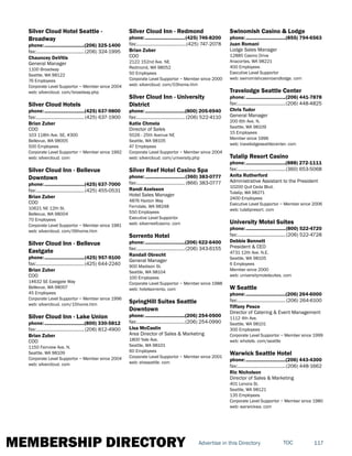 MEMBERSHIP DIRECTORY 117TOCAdvertise in this Directory
Silver Cloud Hotel Seattle -
Broadway
phone:...............................(206) 325-1400
fax:......................................(206) 324-1995
Chauncey DeVitis
General Manager
1100 Broadway
Seattle, WA 98122
76 Employees
Corporate Level Supportor ~ Member since 2004
web: silvercloud. com/broadway.php
Silver Cloud Hotels
phone:...............................(425) 637-9800
fax:......................................(425) 637-1900
Brian Zuber
COO
103 118th Ave. SE, #300
Bellevue, WA 98005
500 Employees
Corporate Level Supportor ~ Member since 1992
web: silvercloud. com
Silver Cloud Inn - Bellevue
Downtown
phone:...............................(425) 637-7000
fax:......................................(425) 455-0531
Brian Zuber
COO
10621 NE 12th St.
Bellevue, WA 98004
70 Employees
Corporate Level Supportor ~ Member since 1981
web: silvercloud. com/06home.htm
Silver Cloud Inn - Bellevue
Eastgate
phone:...............................(425) 957-9100
fax:......................................(425) 644-2240
Brian Zuber
COO
14632 SE Eastgate Way
Bellevue, WA 98007
45 Employees
Corporate Level Supportor ~ Member since 1996
web: silvercloud. com/15home.htm
Silver Cloud Inn - Lake Union
phone:...............................(800) 330-5812
fax:......................................(206) 812-4900
Brian Zuber
COO
1150 Fairview Ave. N.
Seattle, WA 98109
Corporate Level Supportor ~ Member since 2004
web: silvercloud. com
Silver Cloud Inn - Redmond
phone:...............................(425) 746-8200
fax:.......................................(425) 747-2078
Brian Zuber
COO
2122 152nd Ave. NE
Redmond, WA 98052
50 Employees
Corporate Level Supportor ~ Member since 2000
web: silvercloud. com/03home.htm
Silver Cloud Inn - University
District
phone:...............................(800) 205-6940
fax:...................................... (206) 522-4110
Katie Chmela
Director of Sales
5026 - 25th Avenue NE
Seattle, WA 98105
47 Employees
Corporate Level Supportor ~ Member since 2004
web: silvercloud. com/university.php
Silver Reef Hotel Casino Spa
phone:...............................(360) 383-0777
fax:...................................... (866) 383-0777
Randi Axelsson
Hotel Sales Manager
4876 Haxton Way
Ferndale, WA 98248
550 Employees
Executive Level Supportor
web: silverreefcasino. com
Sorrento Hotel
phone:...............................(206) 622-6400
fax:......................................(206) 343-6155
Randall Obrecht
General Manager
900 Madison St.
Seattle, WA 98104
100 Employees
Corporate Level Supportor ~ Member since 1988
web: hotelsorrento. com
SpringHill Suites Seattle
Downtown
phone:...............................(206) 254-0500
fax:......................................(206) 254-0990
Lisa McCaslin
Area Director of Sales & Marketing
1800 Yale Ave.
Seattle, WA 98101
60 Employees
Corporate Level Supportor ~ Member since 2001
web: shsseattle. com
Swinomish Casino & Lodge
phone:...............................(855) 794-6563
Juan Romani
Lodge Sales Manager
12885 Casino Drive
Anacortes, WA 98221
400 Employees
Executive Level Supportor
web: swinomishcasinoandlodge. com
Travelodge Seattle Center
phone:...............................(206) 441-7878
fax:......................................(206) 448-4825
Chris Tudor
General Manager
200 6th Ave. N.
Seattle, WA 98109
15 Employees
Member since 1996
web: travelodgeseattlecenter. com
Tulalip Resort Casino
phone:...............................(888) 272-1111
fax:......................................(360) 653-5068
Anita Rutherford
Administrative Assistant to the President
10200 Quil Ceda Blvd.
Tulalip, WA 98271
2400 Employees
Executive Level Supportor ~ Member since 2006
web: tulalipresort. com
University Motel Suites
phone:...............................(800) 522-4720
fax:......................................(206) 522-4728
Debbie Bennett
President & CEO
4731 12th Ave. N.E.
Seattle, WA 98105
6 Employees
Member since 2000
web: universitymotelsuites. com
W Seattle
phone:...............................(206) 264-6000
fax:......................................(206) 264-6100
Tiffany Pesce
Director of Catering & Event Management
1112 4th Ave.
Seattle, WA 98101
300 Employees
Corporate Level Supportor ~ Member since 1999
web: whotels. com/seattle
Warwick Seattle Hotel
phone:...............................(206) 443-4300
fax:......................................(206) 448-1662
Ric Nicholson
Director of Sales & Marketing
401 Lenora St.
Seattle, WA 98121
135 Employees
Corporate Level Supportor ~ Member since 1980
web: warwickwa. com
 