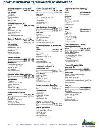 SEATTLE METROPOLITAN CHAMBER OF COMMERCE
120 TOC Leading Investors Profiles of Success Categorical Alphabetical Advertisers
Benefits Resource Group, Inc.
phone:...............................(425) 451-7919
Pat Swenson
President
PO Box 1028
Bellevue, WA 98009
2 Employees
web: 1brg. com
Benefits Resource, LLC
phone:...............................(949) 494-1643
Chris Thurin
CEO
20 Enterprise, Ste. 330
Aliso Viejo, CA 92656
30 Employees
web: benefitsresource. com
Brokers Mutual Services Corp.
phone:...............................(206) 281-1208
fax:...................................... (866) 786-7109
Terry Birkland
President & CEO
3000 Magnolia Blvd. W
Seattle, WA 98199
3 Employees
Member since 2007
web: terrybirkland. com
Brown & Brown
phone:...............................(206) 956-1600
fax:......................................(206) 956-9600
Alex Bogaard
Executive Vice President
1501 4th Ave., Ste. 2400
Seattle, WA 98101
51 Employees
web: bnbseattle. com
Burnley Wilson Associates, Inc.
phone:...............................(253) 752-9400
fax:......................................(253) 752-0694
Alan Zalewski
President
1919 N Pearl St., Ste. B-3
Tacoma, WA 98406
5 Employees
Member since 2007
web: groupservicesnorthwest. com
Business Health Trust
phone:...............................(206) 389-7247
fax:......................................(206) 389-7288
Emmy Jordan
1301 5th Ave., Ste. 1500
Seattle, WA 98101
Member since 2008
web: businesshealthtrust. com
Carrol & Associates, Inc.
phone:...............................(425) 646-6000
fax:......................................(425) 646-2840
Paul Carrol
President
2227 112th Ave. NE, Ste. 100
Bellevue, WA 98004
10 Employees
Member since 1993
web: carrol. com
CLG Employer Resources
phone:...............................(425) 391-4141
fax:...................................... (425) 391-3755
Holly Hahn
President
209 Main Ave. S, Ste. 100
North Bend, WA 98045
9 Employees
Member since 2007
web: clgemployerresources. com/
Cummings, Fraser & Associates,
LLC
phone:...............................(206) 923-7300
fax:...................................... (206) 923-7310
Jane Fraser
Partner
600 Stewart St., Ste. 1120
Seattle, WA 98101
6 Employees
Member since 2007
web: cummingsfraser. com
Degginger McIntosh &
Associates, Inc.
phone:...............................(425) 740-5200
fax:...................................... (425) 740-5201
Mac McIntosh
Insurance Broker
PO Box 1400
Mukilteo, WA 98275
25 Employees
web: dmainsurance. com
Desert Insurance Benefits
phone:...............................(509) 765-5632
fax:.......................................(509) 765-1413
Brooks Russell
Vice President
PO Drawer I
Moses Lake, WA 98837
3 Employees
web: desertins. net
Digital Insurance, Inc.
phone:...............................(770) 250-2900
fax:......................................(770) 250-3036
Heather Wotherspoon
Director of Licensing
400 Galleria Pkwy, Ste. 300
Atlanta, GA 30339
240 Employees
Member since 2008
web: digitalinsurance. com
Employee Benefits Planning,
L.L.C.
phone:...............................(360) 424-5507
fax:...................................... (360) 424-5351
Rod Bring
Principal
PO Box 1547
Mount Vernon, WA 98273
11 Employees
web: ebpllc. com
F.P.C., Inc.
phone:...............................(360) 825-5639
fax:......................................(360) 825-8679
Jay Blakley
CLU
21831 SE 456th Way
Enumclaw, WA 98022
1 Employee
Member since 2007
Farmers Insurance Agency
Development Center
phone:............................. (206) FAR-MERS
fax:.......................................(206) 774-8814
Monica Gujral Wallace
District Manager
2111 N Northgate Way, Ste. 107
Seattle, WA 98133
3 Employees
Corporate Level Supportor
web: 206FARMERS. com
Farmers New World Life
Insurance Co.
phone:...............................(206) 232-8400
fax:......................................(206) 232-6536
Dennis Nibbe
Head of Life Company Initiatives
3003 77th Ave. SE
Mercer Island, WA 98040
650 Employees
Corporate Level Supportor ~ Member since 1921
web: farmers. com
GHB, Inc.
phone:...............................(360) 943-4500
fax:......................................(360) 943-4502
Barb Walker
Employee Benefit Consultant
556 Lilly Road SE, Ste. A
Olympia, WA 98501
12 Employees
Member since 2007
web: ghbinsurance. com
 