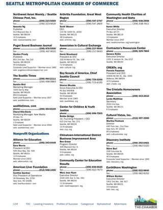 SEATTLE METROPOLITAN CHAMBER OF COMMERCE
134 TOC Leading Investors Profiles of Success Categorical Alphabetical Advertisers
Northwest Asian Weekly / Seattle
Chinese Post, Inc.
phone:...............................(206) 223-5559
fax:......................................(206) 223-0626
Assunta Ng
Publisher
412 Maynard Ave. S
Seattle, WA 98104
10 Employees
web: nwasianweekly. com
Puget Sound Business Journal
phone:...............................(206) 876-5500
fax:...................................... (206) 447-8510
Gordon Prouty
Publisher
801 2nd Ave., Ste 210
Seattle, WA 98104
45 Employees
Corporate Level Supportor ~ Member since 1982
web: pugetsoundbusinessjournal. com
The Seattle Times
phone:...............................(206) 464-2111
fax:......................................(206) 498-0883
Sandra Bird
Marketing Manager
1000 Denny Way
Seattle, WA 98109
850 Employees
Gold Level Supportor ~ Member since 1917
web: seattletimes. com
seattletimes. com
phone:...............................(206) 464-8105
Cheryl Kilo-Davis
Marketing Manager, New Media
PO Box 70
Seattle, WA 98109
1 Employee
Gold Level Supportor ~ Member since 2000
web: seattletimes. com
Nonprofit Organizations
Alliance for Education
phone:...............................(206) 343-0449
Sara Morris
President & CEO
509 Olive Way, Ste. 500
Seattle, WA 98101
13 Employees
Member since 2002
web: alliance4ed. org
American Liver Foundation
phone:...............................(212) 668-1000
Cynthia Gardner
Vice President of Operations
39 Broadway, Ste. 2700
New York, NY 10006
web: liverfoundation. com
Arthritis Foundation, Great West
Region
phone:...............................(206) 547-2707
fax:......................................(206) 547-2805
Scott Weaver
CEO
115 NE 100th St., #350
Seattle, WA 98125
38 Employees
web: arthritis. org
Associates in Cultural Exchange
phone:...............................(206) 217-9644
fax:...................................... (206) 217-9643
David Woodward
President & CEO
200 W Mercer St., Ste. 108
Seattle, WA 98119
72 Employees
web: cultural. org
Boy Scouts of America, Chief
Seattle Council
phone:...............................(206) 725-5200
fax:......................................(206) 723-4330
Sharon Moulds
Scout Executive & CEO
PO Box 440408
Seattle, WA 98144
41 Employees
Member since 1983
web: seattlebsa. org
Center for Children & Youth
Justice
phone:...............................(206) 696-7503
Bobbe Bridge
ret. Founding President / CEO
615 2nd Ave. Ste. 275
Seattle, WA 98104
12 Employees
web: ccyj. org
Chinatown-International District
Business Improvement Area
Ben Grace
Program Director
409 Maynard Ave. S.
Seattle, WA 98104
3 Employees
web: cidbia. org
Community Center for Education
Results
phone:...............................(206) 836-6620
fax:......................................(206) 622-7673
Mary Jean Ryan
Executive Director
2100 24th Ave. S, Ste. 340
Seattle, WA 98144
11 Employees
web: roadmapproject. org
Community Health Charities of
Washington and Idaho
phone:...............................(206) 938-2908
fax:...................................... (206) 938-7611
Karen White
Executive Director
PO Box 16727
Seattle, WA 98116
3 Employees
Member since 2007
web: healthcharities. org/washington
Contractor's Resources Center
phone:...............................(206) 329-7804
Geneva Noble
Executive Director
2301 S Jackson St., Ste.101F
Seattle, WA 98144
CREATe. org
Pamela Passman
President and CEO
10900 NE 8th St., Ste. 1000
Bellevue, WA 98004
10 Employees
web: create. org
The Cristalla Homeowners
Association
phone:...............................(206) 443-2610
Lynda Matthias
Secretary
2033 2nd Ave.
Seattle, WA 98121
6 Employees
Cultural Vistas, Inc.
phone:...............................(212) 497-3500
Martha Firehock
Director
440 Park Ave., 2nd Floor
New York, NY 10016
80 Employees
web: culturalvistas. org
Discovery Institute
phone:...............................(206) 292-0401
fax:......................................(206) 682-5320
Steve Buri
208 Columbia St.
Seattle, WA 98104
40 Employees
Corporate Level Supportor ~ Member since 1991
web: discovery. org
EarthShare Washington
phone:...............................(206) 622-9840
fax:......................................(206) 682-8192
William Borden
Executive Director
1402 3rd Ave., Ste. 817
Seattle, WA 98101
3 Employees
web: esw. org
 