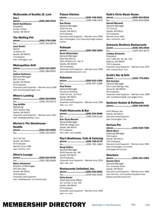MEMBERSHIP DIRECTORY 155TOCAdvertise in this Directory
McDonalds of Seattle (D. Lark
Inc.)
phone:...............................(206) 285-4544
David Santillanes
President
PO Box 70644
Seattle, WA 98127
The Melting Pot
phone:...............................(206) 378-1208
fax:......................................(425) 391-6678
Lane Scelzi
Owner
14 Mercer St.
Seattle, WA 98109
4 Employees
web: meltingpot. com
Metropolitan Grill
phone:...............................(206) 624-3287
fax:......................................(206) 389-0042
Joshua Anderson
General Manager
820 2nd Ave.
Seattle, WA 98104
60 Employees
Corporate Level Supportor ~ Member since 2008
web: themetropolitangrill. com
Miner's Landing
phone:...............................(206) 623-8600
fax:...................................... (206) 343-9173
Troy Griffith
Marketing
1301 Alaskan Way
Seattle, WA 98101
Corporate Level Supportor ~ Member since 1991
web: seattlegreatwheel. com/
Morton's The Steakhouse -
Seattle
phone:...............................(206) 223-0550
fax:......................................(206) 223-0507
1511 6th Ave.
Seattle, WA 98101
50 Employees
Member since 1999
web: mortons. com
Oliver's Lounge
phone:...............................(206) 623-8700
fax:......................................(206) 382-6996
Steve Johansson
Director of Beverages
405 Olive Way
Seattle, WA 98101
16 Employees
Corporate Level Supportor
web: mayflowerpark. com/olivers.asp
Palace Kitchen
phone:...............................(206) 448-2001
fax:......................................(206) 448-1979
Sue Burns
General Manager
2030 5th Ave
Seattle, WA 98121
50 Employees
Executive Level Supportor ~ Member since 1998
web: tomdouglas. com/index.php?page=palace-
kitchen
Palisade
phone:...............................(206) 285-1000
Kevin Shoemaker
General Manager
Elliott Bay Marina
2601 W Marina Pl., Ste. R
Seattle, WA 98199
250 Employees
Corporate Level Supportor ~ Member since 1995
web: palisaderestaurant. com
Palomino
phone:...............................(206) 623-1300
fax:......................................(206) 467-1386
Paul Evans
General Manager
City Centre Building
1420 5th Ave., 3rd Floor
Seattle, WA 98101
130 Employees
Corporate Level Supportor ~ Member since 1994
web: r-u-i. com
Piatti Ristorante & Bar
phone:...............................(206) 524-9088
fax:...................................... (206) 524-3116
Erin Flynn-Renner
General Manager
2695 NE Village Lane
Seattle, WA 98105
65 Employees
web: piatti. com/seattle
Ray's Boathouse, Cafe & Catering
phone:...............................(206) 789-3770
fax:......................................(206) 781-1960
Doug Zellers
General Manager
6049 Seaview Ave. NW
Seattle, WA 98107
200 Employees
Corporate Level Supportor ~ Member since 2003
web: rays. com
Restaurants Unlimited, Inc.
phone:...............................(206) 634-0550
fax:......................................(206) 632-3533
Chris Harter
Chief Executive Officer
411 1st Ave. S, Ste. 200
Seattle, WA 98104
55 Employees
Corporate Level Supportor ~ Member since 1995
web: r-u-i. com
Ruth's Chris Steak House
phone:...............................(206) 624-8524
fax:......................................(206) 624-6268
Darrell Maxwell
General Manager
727 Pine St.
Seattle, WA 98101
45 Employees
Member since 1991
web: ruthschris. com
Schwartz Brothers Restaurants
phone:...............................(425) 455-3948
fax:...................................... (425) 451-3573
Lindsey Schwartz
President
325 118th Ave. SE, Ste. 106
Bellevue, WA 98005
750 Employees
Corporate Level Supportor ~ Member since 1975
web: schwartzbros. com
Scott's Bar & Grill
phone:...............................(425) 775-2561
Rob Scarber
General Manager
8115 Lake Ballinger Way
Edmonds, WA 98026
80 Employees
Corporate Level Supportor ~ Member since 1999
web: scottsbarandgrill. com/page/home
Seatown Seabar & Rotisserie
phone:...............................(206) 436-0390
2010 Western Ave
Seattle, WA 98121
Executive Level Supportor
web: tomdouglas. com
Serious Pie
phone:...............................(206) 838-7388
Alexis Berry
Catering Manager
316 Virginia
Seattle, WA 98121
100 Employees
Executive Level Supportor ~ Member since 1992
web: tomdouglas. com/index.
php?page=serious-pie
Shuckers
phone:...............................(206) 621-1984
Dennis Clark
General Manager
411 University Street
Seattle, WA 98101
Executive Level Supportor ~ Member since 1998
web: fairmont. com/seattle/GuestServices/
Restaurants/Shuckers.htm
 