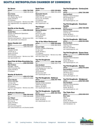 SEATTLE METROPOLITAN CHAMBER OF COMMERCE
156 TOC Leading Investors Profiles of Success Categorical Alphabetical Advertisers
Six Seven
phone:...............................(206) 728-7000
fax:...................................... (206) 441-4119
Dave Cocks
Managing Director
2411 Alaskan Way, Pier 67
Seattle, WA 98121
22 Employees
Executive Level Supportor ~ Member since 1998
web: edgewaterhotel. com/edgewater_dining.
aspx
SkyCity at the Needle
phone:...............................(206) 905-2100
Crystal Dare
Director of Restaurant Operations
400 Broad St.
Seattle, WA 98109
Executive Level Supportor ~ Member since 2005
web: spaceneedle. com/restaurant
Space Needle LLC
phone:...............................(206) 905-2200
fax:...................................... (206) 905-2107
Ron Sevart
President & CEO
203 6th Ave. N
Seattle, WA 98109
350 Employees
Executive Level Supportor ~ Member since 1982
web: spaceneedle. com
Spud Fish & Chips Greenlake Inc.
phone:...............................(206) 524-0565
Pam Cordova
Manager / Owner
6860 E Greenlake Way
Seattle, WA 98115
8 Employees
Stanley & Seafort's
phone:...............................(253) 473-7300
fax:.......................................(253) 471-1594
Shawn Murphy
General Manager
115 East 34th
Tacoma, WA 98404
85 Employees
Corporate Level Supportor ~ Member since 2001
web: r-u-i. com
Sullivan's Steakhouse
phone:.............................. (206) 494-4442
fax:......................................(206) 494-4446
Ann Thibert
General Manager
621 Union St.
Seattle, WA 98101
100 Employees
Executive Level Supportor
web: sullivanssteakhouse. com/location/seattle
Sushi Town
phone:...............................(253) 335-0821
fax:......................................(866) 451-2003
Shawnette Nowark
Office Manager
20825 State Rt. 410 E, #472
Bonney Lake, WA 98391
22 Employees
Member since 2008
web: trapperssushi. net/
Thai Ginger
phone:...............................(206) 749-9100
Michael Bradford
President
600 Pine St. #406
Seattle, WA 98101
90 Employees
web: thaiginger. com
Top of the Hilton Restaurant
phone:...............................(206) 624-0500
fax:......................................(206) 682-9029
Kanami Fujita
Director of Sales & Marketing
P.O. Box 1927
Seattle, WA 98111
75 Employees
Corporate Level Supportor ~ Member since 1991
web: www1.hilton. com
Top Pot Doughnuts
phone:...............................(206) 728-1986
fax:......................................(206) 443-7732
Amy Gundlach
Director of Administration
1200 Westlake Ave. N, Ste 713
Seattle, WA 98109
140 Employees
Member since 2007
web: toppotdoughnuts. com
Top Pot Doughnuts - Bellevue
phone:...............................(425) 457-7440
Amy Gundlach
Director of Administration
10600 NE 9th Place
Bellevue, WA 98004
web: toppotdoughnuts. com
Top Pot Doughnuts - Capitol Hill
phone:...............................(206) 323-7841
Amy Gundlach
Director of Administration
609 Summit Ave. E
Seattle, WA 98102
web: toppotdoughnuts. com
Top Pot Doughnuts - CenturyLink
Field
phone:...............................(206) 728-1986
Amy Gundlach
Director of Administration
800 Occidental Ave. S
Seattle, WA 98134
web: toppotdoughnuts. com
Top Pot Doughnuts - Downtown
Seattle
phone:...............................(206) 728-1966
Amy Gundlach
Director of Administration
2124 5th Ave.
Seattle, WA 98121
web: toppotdoughnuts. com
Top Pot Doughnuts - Mill Creek
phone:...............................(206) 631-2061
Amy Gundlach
Director of Administration
15311 Main St.
Mill Creek, WA 98012
web: toppotdoughnuts. com
Top Pot Doughnuts - Queen Anne
phone:...............................(206) 631-2120
Amy Gundlach
Director of Administration
325 W Galer
Seattle, WA 98119
web: toppotdoughnuts. com
Top Pot Doughnuts - Renton
phone:...............................(206) 979-1644
Amy Gundlach
Director of Administration
440 Rainier Ave. S
Renton, WA 98057
web: toppotdoughnuts. com
Top Pot Doughnuts - Wedgwood
phone:...............................(206) 525-1966
Amy Gundlach
Director of Administration
6855 35th Ave NE
Seattle, WA 98115
web: toppotdoughnuts. com
The Triple Door
phone:...............................(206) 838-4333
Rick Yoder
Owner
216 Union St
Seattle, WA 98101
Corporate Level Supportor
web: thetripledoor. net
 