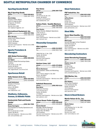 SEATTLE METROPOLITAN CHAMBER OF COMMERCE
164 TOC Leading Investors Profiles of Success Categorical Alphabetical Advertisers
Sporting Goods-Retail
Big 5 Sporting Goods
phone:...............................(310) 536-0611
fax:.......................................(310) 297-7570
Rick Gridley
Director, Public Affairs
2525 E El Segundo Blvd.
El Segundo, CA 90245
60 Employees
Member since 1985
web: big5sportinggoods. com
Recreational Equipment, Inc.
phone:...............................(253) 437-7991
fax:.......................................(253) 395-4744
Marc Berejka
Government Affairs Director
P.O. Box 1938
Sumner, WA 98390
2606 Employees
Executive Level Supportor ~ Member since 1968
web: rei. com
Sports Promoters &
Managers
AEG Global Partnerships
phone:...............................(206) 428-6302
Joe Aigner
Director, Global Partnerships Sales -
Facilities
216 1st Ave. S, Ste. 320
Seattle, WA 98104
Corporate Level Supportor
web: aegworldwide. com/home.html
Sportswear-Retail
Helly Hansen (U.S.) Inc.
phone:...............................(800) 435-5901
fax:......................................(253) 333-8356
Scott Sutherland
Director of Finance
4104 C St. NE
Auburn, WA 98002
75 Employees
web: hellyhansen. com
Stadiums, Coliseums,
Arenas, & Athletic Fields
CenturyLink Field and Events
Center
phone:...............................(206) 381-7555
Susan Darrington
Vice President of Facility Operations and
Services
800 Occidental Ave S, #100
Seattle, WA 98134
Gold Level Supportor ~ Member since 2000
web: centurylinkfield. com
Key Arena
phone:...............................(206) 684-7330
Edie Burke
Manager
305 Harrison St. Ste. 215
Seattle, WA 98109
Corporate Level Supportor
web: seattlecenter. com
Safeco Field / Seattle Mariners
phone:...............................(206) 346-4000
fax:......................................(206) 346-4350
Tony Pereira
Senior Director, Ballpark Operations
1250 1st Ave. S
Seattle, WA 98134
45 Employees
Silver Level Supportor ~ Member since 2000
web: mariners. com
Steamship Companies
Alta Logistics
phone:...............................(206) 212-6537
fax:......................................(206) 653-7342
18900 8th Ave. S, Ste. 1100
Seattle, WA 98148
160 Employees
Executive Level Supportor
web: shipalta. com
Horizon Lines, LLC
phone:...............................(425) 272-8506
fax:......................................(425) 272-8536
Marvin Buchanan
Vice President, Sales and Marketing,
Alaska
555 S. Renton Village Pl., Ste. 600
Renton, WA 98057
1700 Employees
Corporate Level Supportor ~ Member since 1996
web: horizonlines. com
Saltchuk Resources
phone:.............................. (206) 652-1111
Stan Barer
Chairman Emeritus
1111 Fairview Ave N
Seattle, WA 98109
1 Employee
Executive Level Supportor ~ Member since 1995
web: saltchuk. com/
Totem Ocean Trailer Express
phone:...............................(253) 449-8100
fax:......................................(253) 449-8225
Renata Benett
Manager, Market Research
32001 32nd Ave. S, Ste. 200
Federal Way, WA 98063
160 Employees
Executive Level Supportor ~ Member since 1975
web: totemocean. com
Steel Fabricators
PSF Industries, Inc.
phone:...............................(206) 622-1252
fax:...................................... (206) 682-1070
Jeffrey Brown
President
PO Box 3747
Seattle, WA 98124
100 Employees
Corporate Level Supportor ~ Member since 1917
web: psfindustries. com
Steel Mills
Nucor Steel Seattle, Inc.
phone:...............................(206) 933-2222
fax:......................................(206) 933-2207
Matt Lyons
General Manager & Vice President
2424 SW Andover St.
Seattle, WA 98106
300 Employees
Silver Level Supportor ~ Member since 2003
web: nucor. com
Stevedoring Contractors
Jones Stevedoring Company
phone:...............................(206) 763-1130
fax:...................................... (206) 763-1139
Clayton Jones, III
President
P.O. Box 3736
Seattle, WA 98124
50 Employees
Corporate Level Supportor ~ Member since 1936
web: jonesstevedoring. com
SSA Marine, Inc.
phone:...............................(206) 623-0304
fax:...................................... (206) 624-5911
Bob Watters
Senior Vice President
1131 SW Klickitat Way
Seattle, WA 98134
150 Employees
Executive Level Supportor
web: ssamarine. com
Stock & Bond Brokers
Martin Nelson & Co., Inc.
phone:...............................(206) 682-6261
fax:......................................(206) 447-9849
Martin Nelson
President
1500 Westlake Ave. N., Ste. 200
Seattle, WA 98109
16 Employees
Member since 1997
web: martinnelsonco. com
 