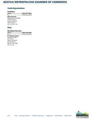 SEATTLE METROPOLITAN CHAMBER OF COMMERCE
174 TOC Leading Investors Profiles of Success Categorical Alphabetical Advertisers
Youth Organizations
YouthCare
phone:...............................(206) 267-3084
fax:......................................(206) 694-4509
Alexa Heaverlo
Development Manager
2500 NE 54th St.
Seattle, WA 98105
116 Employees
web: youthcare. org
Zoos
Woodland Park Zoo
phone:...............................(206) 548-2500
fax:......................................(206) 548-1536
Dr. Deborah Jensen
President & CEO
601 N 59th
Seattle, WA 98103
250 Employees
Member since 1988
web: zoo. org
 