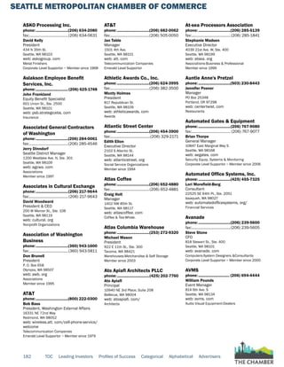 SEATTLE METROPOLITAN CHAMBER OF COMMERCE
182 TOC Leading Investors Profiles of Success Categorical Alphabetical Advertisers
ASKO Processing Inc.
phone:...............................(206) 634-2080
fax:......................................(206) 634-0631
David Kelly
President
434 N 35th St.
Seattle, WA 98103
web: askogroup. com
Metal Finishers
Corporate Level Supportor ~ Member since 1968
Aslakson Employee Benefit
Services, Inc.
phone:...............................(206) 625-1748
John Frankland
Equity Benefit Specialist
601 Union St., Ste. 2500
Seattle, WA 98101
web: psb.strategicebs. com
Insurance
Associated General Contractors
of Washington
phone:...............................(206) 284-0061
fax:......................................(206) 285-4546
Jerry Dinndorf
Seattle District Manager
1200 Westlake Ave. N, Ste. 301
Seattle, WA 98109
web: agcwa. com
Associations
Member since 1997
Associates in Cultural Exchange
phone:...............................(206) 217-9644
fax:...................................... (206) 217-9643
David Woodward
President & CEO
200 W Mercer St., Ste. 108
Seattle, WA 98119
web: cultural. org
Nonprofit Organizations
Association of Washington
Business
phone:...............................(360) 943-1600
fax:......................................(360) 943-5811
Don Brunell
President
P. O. Box 658
Olympia, WA 98507
web: awb. org
Associations
Member since 1995
AT&T
phone:...............................(800) 222-0300
Bob Bass
President, Washington External Affairs
16331 NE 72nd Way
Redmond, WA 98052
web: wireless.att. com/cell-phone-service/
welcome
Telecommunication Companies
Emerald Level Supportor ~ Member since 1979
AT&T
phone:...............................(206) 682-0062
fax:......................................(206) 505-0050
Jan Table
Manager
1501 4th Ave.
Seattle, WA 98101
web: att. com
Telecommunication Companies
Emerald Level Supportor
Athletic Awards Co., Inc.
phone:...............................(206) 624-3995
fax:......................................(206) 382-3500
Monty Holmes
President
817 Republican St.
Seattle, WA 98109
web: athleticawards. com
Awards
Atlantic Street Center
phone:...............................(206) 454-3900
fax:.......................................(206) 329-2171
Edith Elion
Executive Director
2103 S Atlantic St.
Seattle, WA 98144
web: atlanticstreet. org
Social Service Organizations
Member since 1994
Atlas Coffee
phone:...............................(206) 652-4880
fax:......................................(206) 652-4881
Craig Holt
Manager
1402 NW 85th St.
Seattle, WA 98117
web: atlascoffee. com
Coffee & Tea-Whsle.
Atlas Columbia Warehouse
phone:...............................(253) 272-9320
Michael Mason
President
922 E 11th St., Ste. 300
Tacoma, WA 98421
Warehouses-Merchandise & Self Storage
Member since 2003
Ato Apiafi Architects PLLC
phone:...............................(425) 202-7760
Ato Apiafi
Principal
10940 NE 3rd Place, Suite 208
Bellevue, WA 98004
web: atoapiafi. com/
Architects
At-sea Processors Association
phone:...............................(206) 285-5139
fax:......................................(206) 285-1841
Stephanie Madsen
Executive Director
4039 21st Ave. W, Ste. 400
Seattle, WA 98199
web: atsea. org
Associations-Business & Professional
Member since 1999
Auntie Anne's Pretzel
phone:...............................(503) 230-8443
Jennifer Posner
Manager
PO Box 25348
Portland, OR 97298
web: centertwist. com
Restaurants
Automated Gates & Equipment
phone:...............................(206) 767-9080
fax:...................................... (206) 767-9077
Brian Thorpe
General Manager
10847 East Marginal Way S
Seattle, WA 98168
web: aegates. com
Security Equip, Systems & Monitoring
Corporate Level Supportor ~ Member since 2006
Automated Office Systems, Inc.
phone:...............................(425) 455-7325
Lori Morefield-Berg
Consultant
22525 SE 64th Pl., Ste. 2051
Issaquah, WA 98027
web: automatedofficesystems. org/
Financial Services
Avanade
phone:...............................(206) 239-5600
fax:......................................(206) 239-5605
Steve Stone
CFO
818 Stewart St., Ste. 400
Seattle, WA 98101
web: avanade. com
Computers-System Designers &Consultants
Corporate Level Supportor ~ Member since 2000
AVMS
phone:.............................. (206) 694-4444
William Pounds
Event Manager
814 6th Ave. S
Seattle, WA 98134
web: avms. com
Audio Visual Equipment-Dealers
 