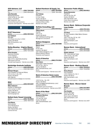 MEMBERSHIP DIRECTORY 183TOCAdvertise in this Directory
AXA Advisors, LLC
phone:...............................(206) 728-2400
fax:......................................(206) 956-6202
Julia Reynolds
Marketing Director
10500 NE 8th St., Ste. 1600
Bellevue, WA 98004
web: axaonline. com
Financial Planning Consultants
Corporate Level Supportor ~ Member since 2007
B
B & F Insurance
phone:...............................(206) 359-5315
Lee Hubbard
Manager
2212 Queen Anne Ave. N, #502
Seattle, WA 98109
web: bf-insurance. com
Insurance
Bailey-Boushay - Virginia Mason
phone:...............................(206) 322-5300
fax:......................................(206) 720-2299
Brian Knowles
Executive Director
2720 E Madison
Seattle, WA 98112
web: vmmc. org/bailey-boushay
AIDS Support Services
Emerald Level Supportor ~ Member since 1998
Bainbridge Graduate Institute
phone:...............................(206) 855-9559
fax:......................................(206) 682-0504
Michele Morgan
Vice President of External Affairs
220 2nd Ave. S, Ste. 400
Seattle, WA 98104
web: bgi.edu
Schools-Academic-Colleges & Universities
BAJI
phone:...............................(206) 659-6297
Mike Anderson
Director of Operations
1201 1st Ave. S., #335
Seattle, WA 98134
web: bajigroup. com
Advertising Agencies
Ballard Auto/Vessel Licensing
phone:...............................(206) 781-0615
fax:...................................... (206) 784-5116
Fred Maxie
Administrator
2232 NW Market St.
Seattle, WA 98107
web: fastcartabs. com/
License Services
Ballard Hardware & Supply, Inc.
phone:...............................(206) 783-6626
fax:...................................... (206) 782-4181
Jim Freberg
President
P.O. Box 70585
Seattle, WA 98127
web: ballardhardware. com
Hardware-Whsle. & Mfrs.
Member since 1992
Ballista Consulting, LLC
phone:...............................(206) 849-9312
Tiffany Buerk
Partner
356 Lee St.
Seattle, WA 98109
web: ballistaconsulting. com
Management Consultants
Balloon Designers
phone:...............................(206) 450-5088
Steven Jones
Owner
PO Box 258
Issaquah, WA 98027
web: balloondesigners. com
Balloons-Retail & Delivery
Corporate Level Supportor
Bank of America
phone:...............................(888) 279-3264
Bob Peters
Washington State President
800 5th Ave., 36th Flr.
Seattle, WA 98104
web: bankofamerica. com
Banks
Emerald Level Supportor ~ Member since 1917
Bank of America Home Loans
phone:...............................(206) 344-2950
1200 3rd Ave., Ste. 100
Seattle, WA 98101
web: mortgage.bankofamerica. com/
seattlethirdoffice
Real Estate Loans & Contracts
Emerald Level Supportor ~ Member since 2007
Bank of the West
phone:...............................(206) 223-1294
Benjamin Martinez
Vice President
701 Pike, Ste. 2250
Seattle, WA 98101
web: bankofthewest. com
Banks
Bannecker Public Affairs
phone:...............................(206) 296-6912
Randy Bannecker
President
820 4th Ave, Ste. 407
Seattle, WA 98104
web: bannecker. com
Public Affairs Consultants
Member since 1997
Banner Bank - Bellevue Corporate
Loan Center
phone:...............................(425) 576-4341
fax:...................................... (425) 576-4383
Jim Reed
Sr. Vice President, West Metro Division
Manager
3001 112th Ave. NE, Ste. 100
Bellevue, WA 98056
web: bannerbank. com
Banks
Executive Level Supportor
Banner Bank - International
phone:...............................(206) 269-8381
fax:......................................(206) 269-8389
Debbie Gelbach
FVP - International Trade
1000 2nd Ave., Ste.1580
Seattle, WA 98104
web: bannerbank. com
Banks
Executive Level Supportor ~ Member since 2007
Banner Bank - Madison Branch
phone:...............................(206) 709-8314
fax:......................................(206) 709-8596
Diana Shearer
Vice President
1222 E Madison St., Ste. A
Seattle, WA 98122
web: bannerbank. com
Banks
Executive Level Supportor ~ Member since 2000
Banner Bank - Mercer Island
Branch
phone:...............................(206) 232-2804
fax:......................................(206) 232-8984
Pam Goulder
Branch Manager
2918 78th Ave. SE
Mercer Island, WA 98040
web: bannerbank. com
Banks
Executive Level Supportor ~ Member since 2007
 