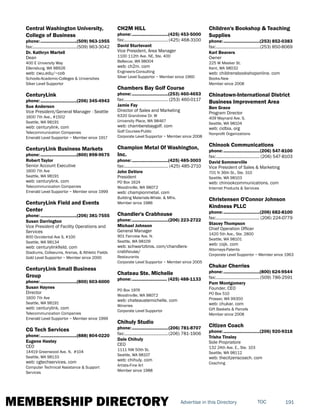 MEMBERSHIP DIRECTORY 191TOCAdvertise in this Directory
Central Washington University,
College of Business
phone:...............................(509) 963-1955
fax:......................................(509) 963-3042
Dr. Kathryn Martell
Dean
400 E University Way
Ellensburg, WA 98926
web: cwu.edu/~cob
Schools-Academic-Colleges & Universities
Silver Level Supportor
CenturyLink
phone:...............................(206) 345-4943
Sue Anderson
Vice President/General Manager - Seattle
1600 7th Ave., #1502
Seattle, WA 98191
web: centurylink. com
Telecommunication Companies
Emerald Level Supportor ~ Member since 1917
CenturyLink Business Markets
phone:...............................(800) 898-9675
Robert Taylor
Senior Account Executive
1600 7th Ave
Seattle, WA 98191
web: centurylink. com
Telecommunication Companies
Emerald Level Supportor ~ Member since 1999
CenturyLink Field and Events
Center
phone:...............................(206) 381-7555
Susan Darrington
Vice President of Facility Operations and
Services
800 Occidental Ave S, #100
Seattle, WA 98134
web: centurylinkfield. com
Stadiums, Coliseums, Arenas, & Athletic Fields
Gold Level Supportor ~ Member since 2000
CenturyLink Small Business
Group
phone:...............................(800) 603-6000
Susan Haynes
Director
1600 7th Ave
Seattle, WA 98191
web: centurylink. com
Telecommunication Companies
Emerald Level Supportor ~ Member since 1999
CG Tech Services
phone:...............................(888) 804-0220
Eugene Hastey
CEO
14419 Greenwood Ave. N, #104
Seattle, WA 98133
web: cgtechservices. com
Computer Technical Assistance & Support
Services
CH2M HILL
phone:...............................(425) 453-5000
fax:...................................... (425) 468-3100
David Sturtevant
Vice President, Area Manager
1100 112th Ave. NE, Ste. 400
Bellevue, WA 98004
web: ch2m. com
Engineers-Consulting
Silver Level Supportor ~ Member since 1960
Chambers Bay Golf Course
phone:...............................(253) 460-4653
fax:...................................... (253) 460-0117
Jamie Fay
Director of Sales and Marketing
6320 Grandview Dr. W
University Place, WA 98467
web: chambersbaygolf. com
Golf Courses-Public
Corporate Level Supportor ~ Member since 2008
Champion Metal Of Washington,
Inc.
phone:...............................(425) 485-3003
fax:...................................... (425) 485-2710
John DeVore
President
PO Box 1624
Woodinville, WA 98072
web: championmetal. com
Building Materials-Whsle. & Mfrs.
Member since 1986
Chandler's Crabhouse
phone:...............................(206) 223-2722
Michael Johnson
General Manager
901 Fairview Ave. N.
Seattle, WA 98109
web: schwartzbros. com/chandlers-
crabhouse/
Restaurants
Corporate Level Supportor ~ Member since 2005
Chateau Ste. Michelle
phone:.............................. (425) 488-1133
PO Box 1976
Woodinville, WA 98072
web: chateaustemichelle. com
Wineries
Corporate Level Supportor
Chihuly Studio
phone:...............................(206) 781-8707
fax:......................................(206) 781-1906
Dale Chihuly
CEO
1111 NW 50th St.
Seattle, WA 98107
web: chihuly. com
Artists-Fine Art
Member since 1988
Children's Bookshop & Teaching
Supplies
phone:...............................(253) 852-0383
fax:......................................(253) 850-8069
Karl Beavers
Owner
225 W Meeker St.
Kent, WA 98032
web: childrensbookshoponline. com
Books-New
Member since 2008
Chinatown-International District
Business Improvement Area
Ben Grace
Program Director
409 Maynard Ave. S.
Seattle, WA 98104
web: cidbia. org
Nonprofit Organizations
Chinook Communications
phone:...............................(206) 547-8100
fax:...................................... (206) 547-8103
David Sommerville
Vice President of Sales & Marketing
701 N 36th St., Ste. 310
Seattle, WA 98103
web: chinookcommunications. com
Internet Products & Services
Christensen O'Connor Johnson
Kindness PLLC
phone:...............................(206) 682-8100
fax:...................................... (206) 224-0779
Stacey Thompson
Chief Operation Officer
1420 5th Ave., Ste. 2800
Seattle, WA 98101
web: cojk. com
Attorneys-Patents
Corporate Level Supportor ~ Member since 1963
Chukar Cherries
phone:...............................(800) 624-9544
fax:......................................(509) 786-2591
Pam Montgomery
Founder, CEO
PO Box 510
Prosser, WA 99350
web: chukar. com
Gift Baskets & Parcels
Member since 2008
Citizen Coach
phone:...............................(206) 920-9318
Trisha Tinsley
Sole Propriatore
132 24th Ave. E., Ste. 103
Seattle, WA 98112
web: thecitzenscoach. com
Coaching
 