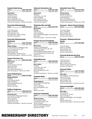 MEMBERSHIP DIRECTORY 193TOCAdvertise in this Directory
Coastal Hotel Group
phone:...............................(206) 388-0400
fax:......................................(206) 388-0401
Yogi Hutsen
President & CEO
18525 36th Ave. S
Seattle, WA 98188
web: coastalhotels. com
Hotels & Other Accommodations
Executive Level Supportor ~ Member since 2005
Coca-Cola Refreshments
phone:...............................(425) 990-2540
1150 124th Ave. NE
Bellevue, WA 98005
web: coca-cola. com
Beverages-Distrs., Bottlers & Whsle.
Executive Level Supportor
Coca-Cola Refreshments -
Northwest
phone:...............................(425) 455-2000
fax:.......................................(425) 453-1748
William O'Brien
Sr. Vice President & NW Region GM
1110 112th Ave. NE, Ste. 300
Bellevue, WA 98004
web: cokecce. com
Beverages-Distrs., Bottlers & Whsle.
Executive Level Supportor ~ Member since 1939
Cocker Fennessy, Inc.
phone:...............................(206) 652-9506
Rick Cocker
President
401 Second Ave. S, Ste. 501
Seattle, WA 98104
web: cofen. com
Consultants-Public Relations
Silver Level Supportor ~ Member since 1992
Code Publishing Co.
phone:...............................(206) 527-6831
Margaret Bustion
President
9410 Roosevelt Way NE
Seattle, WA 98115
web: codepublishing. com
Publishers-Books
Member since 1998
Coffman Engineers
phone:...............................(206) 623-0717
fax:...................................... (206) 624-3775
Arvind Nerurkar
Vice President, Managing Principal
1601 5th Ave., Ste. 900
Seattle, WA 98101
web: coffman. com
Engineers-Consulting
Corporate Level Supportor ~ Member since 2008
Coherent Interactive, Inc.
phone:...............................(206) 264-7688
fax:......................................(206) 624-0953
John Purcell
President
1904 3rd Ave., Ste. 436
Seattle, WA 98101
web: coherentia. com
Internet Website Developers
Corporate Level Supportor
Coldwater Bar and Grill
phone:...............................(206) 256-7697
Garnet Pitre
Manager
1900 5th Ave.
Seattle, WA 98101
web: coldwaterbarandgrill. com/index.htm
Restaurants
Silver Level Supportor ~ Member since 1983
College Success Foundation
phone:...............................(425) 416-2000
fax:...................................... (425) 416-2001
Barry Goren
Director of Development
1605 NW Sammamish Rd., Ste. 200
Issaquah, WA 98027
web: collegesuccessfoundation. org
Foundations-Educational, Philanthropic,
Research, Etc.
Member since 2002
CollinsWoerman
phone:...............................(206) 245-2100
fax:...................................... (206) 245-2101
Arlan Collins
Principal
710 2nd Ave., Ste. 1400
Seattle, WA 98104
web: collinswoerman. com
Architects
Corporate Level Supportor ~ Member since 2000
Columbia Bank
phone:...............................(253) 305-1900
fax:......................................(206) 223-3004
Gregg Ridgeway
Vice President and Manager
PO Box 2156
Tacoma, WA 98401
web: columbiabank. com
Banks
Member since 2002
Columbia Hospitality
phone:...............................(206) 239-1800
fax:......................................(206) 239-1801
Shelley Tomberg
Vice President, Sales
2223 Alaskan Way, Ste. 200
Seattle, WA 98121
web: columbiahospitality. com
Convention Services & Facilities
Member since 1989
Columbia Tower Club
phone:...............................(206) 622-2010
fax:...................................... (206) 386-5727
Thomas Trause
General Manager
701 5th Ave., Ste. 7500
Seattle, WA 98104
web: columbia-tower. com
Clubs-Business & Professional
Corporate Level Supportor ~ Member since 2008
Comcast - Auburn Service Center
phone:...............................(877) 824-2288
4020 Auburn Way N
Auburn, WA 98002
web: comcast. com
Television-Cable, CATV
Executive Level Supportor
Comcast - Redmond Service
Center
phone:...............................(877) 824-2288
14870 NE 95th St.
Redmond, WA 98052
web: comcast. com
Television-Cable, CATV
Executive Level Supportor
Comcast Business Services
phone:...............................(425) 741-5600
12645 Stone Ave. N
Seattle, WA 98133
web: comcast. com
Telecommunication Companies
Executive Level Supportor
Comcast Cable
phone:...............................(425) 741-5600
fax:......................................(425) 921-5930
Steve Kipp
Vice President, Communications
15815 25th Ave. W
Lynnwood, WA 98087
web: comcast. com
Television-Cable, CATV
Executive Level Supportor ~ Member since 1978
Comcast Spotlight
phone:...............................(206) 286-1818
fax:......................................(206) 286-9010
Steve Kipp
Vice President
18 W Mercer St., Ste.100
Seattle, WA 98119
web: comcastspotlight. com/markets/
seattle
Television-Cable, CATV
Executive Level Supportor ~ Member since 2004
 