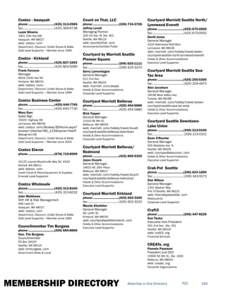 MEMBERSHIP DIRECTORY 195TOCAdvertise in this Directory
Costco - Issaquah
phone:...............................(425) 313-0965
fax:......................................(425) 369-6738
Louie Silveira
1801 10th Ave NW
Issaquah, WA 98027
web: costco. com
Department, Discount, Outlet Stores & Malls
Gold Level Supportor ~ Member since 1999
Costco - Kirkland
phone:...............................(425) 827-1693
fax:......................................(425) 803-5090
Frank Farcone
Manager
8629 120th Ave NE
Kirkland, WA 98033
web: costco. com/
Department, Discount, Outlet Stores & Malls
Gold Level Supportor ~ Member since 1999
Costco Business Center
phone:...............................(425) 640-7745
fax:......................................(425) 640-7730
Mary Darr
Sales Mgr.
19105 Highway 99
Lynnwood, WA 98036
web: costco. com/Browse/BDHome.aspx?
browse=1&whse=BD_115&topnav=bdoff
&lang=en-US
Department, Discount, Outlet Stores & Malls
Gold Level Supportor ~ Member since 2004
Costco Elavon
phone:...............................(678) 719-8909
16125 Juanita-Woodinville Way NE, #420
Bothell, WA 98011
web: elavon. com
Credit Cards & Plans-Equipment & Supplies
Emerald Level Supportor
Costco Wholesale
phone:...............................(425) 313-8100
fax:......................................(425) 313-8232
John Matthews
SVP, HR & Risk Management
999 Lake Dr.
Issaquah, WA 98027
web: costco. com
Department, Discount, Outlet Stores & Malls
Gold Level Supportor ~ Member since 1983
Councilmember Tim Burgess
phone:...............................(206) 684-8806
Hon. Tim Burgess
Councilmember
PO Box 34025
Seattle, WA 98124
web: timburgess. com
Government-State & Local
Count on That, LLC
phone:...............................(206) 734-3706
Jeffrey Levell
Managing Partner
200 1st Ave. W, Ste. 401
Seattle, WA 98119
web: countonthat. com
Accountants-Certified Public
Courtyard by Marriott Seattle
Pioneer Square
phone:.............................. (206) 625-1111
fax:......................................(206) 625-3270
Gerry Lamontagne
General Manager
612 2nd Ave.
Seattle, WA 98104
web: marriott. com/seaps
Hotels & Other Accommodations
Corporate Level Supportor
Courtyard Marriott Bellevue
phone:...............................(425) 454-5888
fax:......................................(425) 455-5880
Rick Tupper
General Manager
11010 NE 8th St.
Bellevue, WA 98004
web: marriott. com/hotels/travel/bvudt-
courtyard-seattle-bellevue-downtown
Hotels & Other Accommodations
Corporate Level Supportor
Courtyard Marriott Bellevue/
Redmond
phone:...............................(425) 869-5300
Joyce Dozark
General Manager
14615 NE 29th Place
Bellevue, WA 98017
web: marriott. com/hotels/travel/bvuch-
courtyard-seattle-bellevue-redmond/
Hotels & Other Accommodations
Executive Level Supportor
Courtyard Marriott Kirkland
phone:...............................(425) 602-3200
fax:......................................(425) 602-3220
Maxim Khokhlov
General Manager
NE 124th St.
Kirkland, WA 98034
web: courtyardseattlekirkland. com
Hotels & Other Accommodations
Executive Level Supportor
Courtyard Marriott Seattle North/
Lynnwood Everett
phone:...............................(425) 670-0500
fax:......................................(425) 670-0555
David Jones
General Manager
4220 Alderwood Mall Blvd
Lynnwood, WA 98036
web: marriott. com/hotels/travel/sealn-
courtyard-seattle-north-lynnwood-everett
Hotels & Other Accommodations
Executive Level Supportor
Courtyard Marriott Seattle Sea-
Tac Area
phone:...............................(425) 255-0300
fax:......................................(425) 204-4975
Alex Jacobson
General Manager
16038 West Valley Hwy
Tukwila, WA 98188
web: marriott. com/hotels/travel/seawv-
courtyard-seattle-sea-tac-area
Hotels & Other Accommodations
Executive Level Supportor
Courtyard Seattle Downtown-
Lake Union
phone:...............................(206) 213-0100
fax:...................................... (206) 213-0101
Sean O'Rourke
General Manager
925 Westlake Ave. N.
Seattle, WA 98109
web: courtyardlakeunion. com
Hotels & Other Accommodations
Executive Level Supportor
Crab Pot Seattle
phone:...............................(206) 624-1890
fax:...................................... (206) 343-9173
Dan Wilson
General Manager
1301 Alaskan Way
Pier 57Seattle, WA 98101
web: thecrabpotseattle. com
Restaurants
Corporate Level Supportor
Craft3
phone:...............................(206) 447-9226
Sue Taoka
Executive Vice President
401 2nd Ave., Ste. 301
Seattle, WA 98104
web: craft3. org
Financial Services
CREATe. org
Pamela Passman
President and CEO
10900 NE 8th St., Ste. 1000
Bellevue, WA 98004
web: create. org
Nonprofit Organizations
 