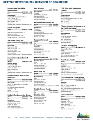 SEATTLE METROPOLITAN CHAMBER OF COMMERCE
204 TOC Leading Investors Profiles of Success Categorical Alphabetical Advertisers
Farmers New World Life
Insurance Co.
phone:...............................(206) 232-8400
fax:......................................(206) 232-6536
Dennis Nibbe
Head of Life Company Initiatives
3003 77th Ave. SE
Mercer Island, WA 98040
web: farmers. com
Insurance
Corporate Level Supportor ~ Member since 1921
Farrell Group LLC
phone:...............................(206) 767-4098
9640 Des Moines Memorial Dr. S.
Seattle, WA 98108
web: aaaaministorage. com
Storage-Household & Commercial
The Fearey Group, Inc.
phone:...............................(206) 343-1543
fax:......................................(206) 622-5694
Pat Fearey
Chairman & CEO
1809 7th Ave., Ste. 1111
Seattle, WA 98101
web: feareygroup. com
Public Relations
Executive Level Supportor ~ Member since 1983
Federal Home Loan Bank of
Seattle
phone:...............................(206) 340-2300
Michael Wilson
President & CEO
1001 4th Ave., Ste. 2600
Seattle, WA 98154
web: fhlbsea. com
Banks
Corporate Level Supportor ~ Member since 1970
Federal Reserve Bank of San
Francisco
phone:...............................(425) 203-0801
fax:......................................(425) 203-0733
Mark Gould
Senior VP/Seattle Branch Manager
Seattle Branch
P.O. Box 3567Seattle, WA 98124
web: frbsf. org/
Banks
Member since 1950
FedEx Office Convention Center
phone:...............................(206) 467-1767
fax:......................................(206) 467-1321
Sonja Tracy
Convention Specialist
735 Pike St., Ste. 11-13
Seattle, WA 98101
web: fedexoffice. com
Copying & Duplicating Services
Fehr & Peers
phone:...............................(206) 576-4220
Dan Grayuski
Principal
1001 4th Ave., Ste. 4120
Seattle, WA 98154
web: fehrandpeers. com
Engineers-Consulting
Ferguson Construction, Inc.
phone:...............................(206) 767-3810
fax:......................................(206) 767-7342
Todd Vacura
President
7433 5th Ave. S
Seattle, WA 98108
web: fergusonconstruction. com
Contractors-General
Member since 1984
Ferguson Terminal
phone:...............................(206) 789-8700
fax:......................................(206) 297-9545
Jim Ferguson
President
4207 9th Ave. NW
Seattle, WA 98107
web: fergusonterminal. com
Boat Storage
Member since 1983
FEV Analytics Corp
phone:...............................(425) 894-7749
Sheridan Porter
COO
603 4th Ave., Ste. 100
Kirkland, WA 98033
web: fevanalytics. com
Business Consultants
FiberCloud, Inc.
phone:...............................(206) 777-9999
fax:...................................... (206) 770-6214
Susan DeFlorio
COO
818 Stewart, Ste. 630
Seattle, WA 98101
web: fibercloud. com
Information Services
Corporate Level Supportor ~ Member since 2008
The 5th Avenue Theatre
phone:...............................(206) 625-1418
fax:......................................(206) 292-9610
Bernadine Griffin
Managing Director
1308 5th Ave., Ste. 735
Seattle, WA 98101
web: 5thavenue. org
Theatres-Stages
Member since 1980
Fifth Third Bank Equipment
Finance
phone:...............................(425) 605-6381
fax:......................................(425) 605-6382
Steve Isaacson
Vice President
5400 Carillon Point, Bldg. 5000, 4th Floor
Kirkland, WA 98033
web: 53. com
Financial Services
Filipino Chamber of Commerce of
the Pacific Northwest
phone:...............................(206) 306-9886
fax:......................................(206) 306-9888
Gideon Epistola
President
10700 Meridian Ave. N, Ste. 501
Seattle, WA 98133
web: fccpnw. com/
Nonprofit Organizations
Member since 2007
Fire Eyes Photography
phone:...............................(415) 425-2733
Trishann Couvillion
Owner
11710 Greenwood Ave. N, Ste. B
Seattle, WA 98133
web: fireeyesphotography. com
Photographers-Commercial
First Choice Health
phone:...............................(206) 292-8255
fax:......................................(206) 667-8060
Ken Hamm
President & CEO
600 University St., Ste. 1400
Seattle, WA 98101
web: fchn. com
Preferred Provider Organizations
Silver Level Supportor ~ Member since 1985
First Commercial Property Corp
phone:...............................(206) 985-7275
fax:...................................... (206) 985-3876
Joel Erlitz
President
PMB 701, 4616 25th Ave. NE
Seattle, WA 98105
web: firstcommercialpropertycorp. com/
Real Estate-Commercial & Investment
Member since 1999
First Sound Bank
phone:...............................(206) 515-2004
fax:......................................(206) 515-2005
Patrick Fahey
Chairman & CEO
925 4th Ave., Ste. 2350
Seattle, WA 98104
web: firstsoundbank. com
Banks
Corporate Level Supportor
 