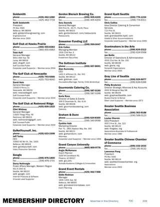 MEMBERSHIP DIRECTORY 209TOCAdvertise in this Directory
Goldsmith
phone:...............................(425) 462-1080
fax:...................................... (425) 462-7719
Keith Goldsmith
President
PO Box 3565
Bellevue, WA 98009
web: goldsmithengineering. com
Engineers-Civil
Member since 1955
Golf Club at Hawks Prairie
phone:...............................(360) 455-8383
fax:......................................(360) 455-4483
Trish Huff
General Manager
9051 46th Ave. NE
Lacey, WA 98516
web: okigolf. com
Golf Courses-Public
Corporate Level Supportor ~ Member since 2004
The Golf Club at Newcastle
phone:...............................(425) 793-5566
fax:......................................(425) 793-4640
David Hein
General Manager
15500 6 Penny Ln.
Newcastle, WA 98059
web: newcastlegolf. com
Golf Courses-Public
Corporate Level Supportor ~ Member since 2004
The Golf Club at Redmond Ridge
phone:...............................(425) 836-1510
Clint Whitney
General Manager
11825 Trilogy Pkwy. NE
Redmond, WA 98053
web: redmondridgegolf. com
Golf Courses-Public
Corporate Level Supportor ~ Member since 2004
GoNetYourself, Inc.
phone:...............................(425) 633-3308
Jeff Turley
CEO
10900 NE 8th St., Ste. 1000
Bellevue, WA 98004
web: gonetyourself. com
Video Production Services
Google
phone:...............................(206) 876-1800
fax:.......................................(206) 876-1701
Darcy Nothnagle
Public Affairs Manager, Western Region
651 N 34th St.
Seattle, WA 98103
web: google. com
Internet Products & Software
Emerald Level Supportor
Gordon Biersch Brewing Co.
phone:...............................(206) 405-4205
fax:......................................(206) 405-4204
Gary Szeredy
General Manager
600 Pine St., 4th Fl., Pacific Place
Seattle, WA 98101
web: gordonbiersch. com/restaurants
Restaurants
Gossamer Funding LLC
phone:...............................(206) 999-0047
Erik Cullen
Managing Member
1916 23rd Ave. S
Seattle, WA 98122
Investment Securities
The Gottman Institute
phone:...............................(206) 607-8691
Alan Kunovsky
CEO
1401 E Jefferson St., Ste. 501
Seattle, WA 98122
web: gottman. com
Counselors-Marriage, Family, Child &Individual
Gourmondo Catering Co.
phone:...............................(206) 587-0190
fax:...................................... (206) 587-0248
Karla Rava
Director of Sales & Events
309 S Cloverdale St., Ste. B-24
Seattle, WA 98108
web: gourmondocatering. com
Caterers
Graham & Dunn
phone:...............................(206) 624-8300
fax:......................................(206) 340-9599
Cynthia Voth
Marketing Director
Pier 70, 2801 Alaskan Way, Ste. 300
Seattle, WA 98121
web: grahamdunn. com
Attorneys
Corporate Level Supportor ~ Member since 1956
Grand Canyon University
phone:...............................(800) 800-9776
Angie McNamara
Event Planner
3300 W Camelback Rd.
Phoenix, AZ 85017
web: gcu.edu
Schools-Academic-Colleges & Universities
Grand Event Rentals
phone:...............................(425) 462-7368
Eddie Redman
Manager
1606 130th Ave. NE
Bellevue, WA 98005
web: grandeventrentalswa. com
Event Planning
Grand Hyatt Seattle
phone:...............................(206) 774-1234
fax:.......................................(206) 774-6311
Chris Collins
Area Director Catering & Convention
Services
721 Pine St.
Seattle, WA 98101
web: grandseattle.hyatt. com
Hotels & Other Accommodations
Corporate Level Supportor ~ Member since 2000
Grantmakers in the Arts
phone:...............................(206) 624-2312
fax:......................................(206) 624-5568
Jan Bailie
Director of Operations & Administration
4055 21st Ave. W, Ste. 100
Seattle, WA 98199
web: giarts. org
Nonprofit Organizations
Member since 2000
Gray Line of Seattle
phone:...............................(206) 624-5077
fax:......................................(206) 626-5266
Philip Broderick
Director Strategic Alliances & Key Accounts
4500 W Marginal Way SW
Seattle, WA 98106
web: graylineofseattle. com
Buses-Charter & Rental
Silver Level Supportor ~ Member since 1973
Greater Seattle Business
Association
phone:...............................(206) 363-9188
fax:......................................(206) 568-3123
Louise Chernin
CEO/President
400 E Pine St., Ste. 322
Seattle, WA 98122
web: thegsba. org
Associations-Business & Professional
Member since 1986
Greater Seattle Chinese Chamber
of Commerce
phone:...............................(206) 332-1933
fax:...................................... (206) 241-9132
Lawrence Pang
President
PO Box 3182
Seattle, WA 98114
web: seattlechinesechamber. org
Associations
Member since 2002
 