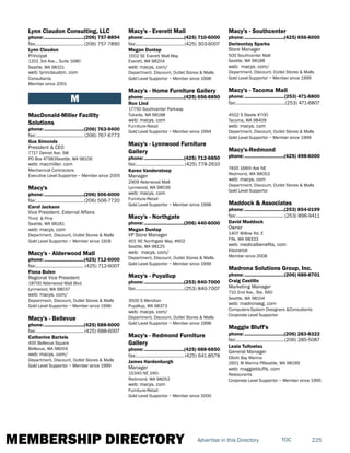MEMBERSHIP DIRECTORY 225TOCAdvertise in this Directory
Lynn Claudon Consulting, LLC
phone:...............................(206) 757-8894
fax:......................................(206) 757-7890
Lynn Claudon
Principal
1201 3rd Ave.., Suite 1680
Seattle, WA 98101
web: lynnclaudon. com
Consultants
Member since 2001
M
MacDonald-Miller Facility
Solutions
phone:...............................(206) 763-9400
fax:...................................... (206) 767-6773
Gus Simonds
President & CEO
7717 Detroit Ave. SW
PO Box 47983Seattle, WA 98106
web: macmiller. com
Mechanical Contractors
Executive Level Supportor ~ Member since 2005
Macy's
phone:...............................(206) 506-6000
fax:......................................(206) 506-7720
Carol Jackson
Vice President, External Affairs
Third & Pine
Seattle, WA 98181
web: macys. com
Department, Discount, Outlet Stores & Malls
Gold Level Supportor ~ Member since 1918
Macy's - Alderwood Mall
phone:...............................(425) 712-6000
fax:...................................... (425) 712-6007
Fiona Bulen
Regional Vice President
18700 Alderwood Mall Blvd
Lynnwood, WA 98037
web: macys. com/
Department, Discount, Outlet Stores & Malls
Gold Level Supportor ~ Member since 1998
Macy's - Bellevue
phone:...............................(425) 688-6000
fax:......................................(425) 688-6007
Catherine Bartels
400 Bellevue Square
Bellevue, WA 98004
web: macys. com/
Department, Discount, Outlet Stores & Malls
Gold Level Supportor ~ Member since 1999
Macy's - Everett Mall
phone:...............................(425) 710-6000
fax:......................................(425) 303-6007
Megan Dunlap
1502 SE Everett Mall Way
Everett, WA 98204
web: macys. com/
Department, Discount, Outlet Stores & Malls
Gold Level Supportor ~ Member since 1998
Macy's - Home Furniture Gallery
phone:...............................(425) 656-6850
Ron Lind
17750 Southcenter Parkway
Tukwila, WA 98188
web: macys. com
Furniture-Retail
Gold Level Supportor ~ Member since 1994
Macy's - Lynnwood Furniture
Gallery
phone:...............................(425) 712-6850
fax:...................................... (425) 778-2610
Karen Vanderstoep
Manager
2909 Alderwood Mall
Lynnwood, WA 98036
web: macys. com
Furniture-Retail
Gold Level Supportor ~ Member since 1998
Macy's - Northgate
phone:...............................(206) 440-6000
Megan Dunlap
VP Store Manager
401 NE Northgate Way, #602
Seattle, WA 98125
web: macys. com/
Department, Discount, Outlet Stores & Malls
Gold Level Supportor ~ Member since 1999
Macy's - Puyallup
phone:...............................(253) 840-7000
fax:......................................(253) 840-7007
3500 S Meridian
Puyallup, WA 98373
web: macys. com/
Department, Discount, Outlet Stores & Malls
Gold Level Supportor ~ Member since 1998
Macy's - Redmond Furniture
Gallery
phone:...............................(425) 688-6850
fax:...................................... (425) 641-8578
James Hardenburgh
Manager
15340 NE 24th
Redmond, WA 98052
web: macys. com
Furniture-Retail
Gold Level Supportor ~ Member since 2000
Macy's - Southcenter
phone:...............................(425) 656-6000
Derieontay Sparks
Store Manager
500 Southcenter Mall
Seattle, WA 98188
web: macys. com/
Department, Discount, Outlet Stores & Malls
Gold Level Supportor ~ Member since 1999
Macy's - Tacoma Mall
phone:...............................(253) 471-6800
fax:.......................................(253) 471-6807
4502 S Steele #700
Tacoma, WA 98409
web: macys. com
Department, Discount, Outlet Stores & Malls
Gold Level Supportor ~ Member since 1999
Macy's-Redmond
phone:...............................(425) 498-6000
7400 166th Ave NE
Redmond, WA 98052
web: macys. com
Department, Discount, Outlet Stores & Malls
Gold Level Supportor
Maddock & Associates
phone:...............................(253) 854-0199
fax:...................................... (253) 896-9411
David Maddock
Owner
1407 Willow Rd. E
Fife, WA 98333
web: medicalbenefits. com
Insurance
Member since 2008
Madrona Solutions Group, Inc.
phone:...............................(206) 686-8701
Craig Castillo
Marketing Manager
710 2nd Ave., Ste. 660
Seattle, WA 98104
web: madronasg. com
Computers-System Designers &Consultants
Corporate Level Supportor
Maggie Bluff's
phone:...............................(206) 283-8322
fax:......................................(206) 285-5087
Leaia Tuitoelau
General Manager
Elliott Bay Marina
2601 W Marina PlSeattle, WA 98199
web: maggiebluffs. com
Restaurants
Corporate Level Supportor ~ Member since 1995
 