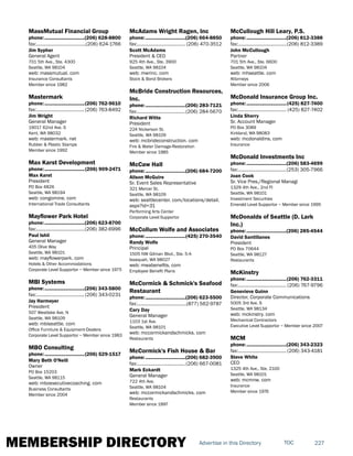 MEMBERSHIP DIRECTORY 227TOCAdvertise in this Directory
MassMutual Financial Group
phone:...............................(206) 628-8800
fax:.......................................(206) 624-1766
Jim Sypher
General Agent
701 5th Ave., Ste. 4300
Seattle, WA 98104
web: massmutual. com
Insurance Consultants
Member since 1982
Mastermark
phone:...............................(206) 762-9610
fax:......................................(206) 763-8492
Jim Wright
General Manager
19017 62nd Ave. S
Kent, WA 98032
web: mastermark. net
Rubber & Plastic Stamps
Member since 1992
Max Karst Development
phone:...............................(206) 909-2471
Max Karst
President
PO Box 4826
Seattle, WA 98194
web: congomine. com
International Trade Consultants
Mayflower Park Hotel
phone:...............................(206) 623-8700
fax:......................................(206) 382-6996
Paul Ishii
General Manager
405 Olive Way
Seattle, WA 98101
web: mayflowerpark. com
Hotels & Other Accommodations
Corporate Level Supportor ~ Member since 1975
MBI Systems
phone:...............................(206) 343-5800
fax:......................................(206) 343-0231
Jay Harmeyer
President
507 Westlake Ave. N
Seattle, WA 98109
web: mbiseattle. com
Office Furniture & Equipment-Dealers
Corporate Level Supportor ~ Member since 1983
MBO Consulting
phone:...............................(206) 529-1517
Mary Beth O'Neill
Owner
PO Box 15203
Seattle, WA 98115
web: mboexecutivecoaching. com
Business Consultants
Member since 2004
McAdams Wright Ragen, Inc
phone:...............................(206) 664-8850
fax:...................................... (206) 470-3512
Scott McAdams
President & CEO
925 4th Ave., Ste. 3900
Seattle, WA 98104
web: mwrinc. com
Stock & Bond Brokers
McBride Construction Resources,
Inc.
phone:...............................(206) 283-7121
fax:......................................(206) 284-5670
Richard Witte
President
224 Nickerson St.
Seattle, WA 98109
web: mcbrideconstruction. com
Fire & Water Damage-Restoration
Member since 1985
McCaw Hall
phone:...............................(206) 684-7200
Alison McGuire
Sr. Event Sales Representative
321 Mercer St.
Seattle, WA 98109
web: seattlecenter. com/locations/detail.
aspx?id=31
Performing Arts Center
Corporate Level Supportor
McCollum Wolfe and Associates
phone:...............................(425) 270-3540
Randy Wolfe
Principal
1505 NW Gilman Blvd., Ste. 5-A
Issaquah, WA 98027
web: mwabenefits. com
Employee Benefit Plans
McCormick & Schmick's Seafood
Restaurant
phone:...............................(206) 623-5500
fax:.......................................(877) 562-9787
Cary Day
General Manager
1103 1st Ave.
Seattle, WA 98101
web: mccormickandschmicks. com
Restaurants
McCormick's Fish House & Bar
phone:...............................(206) 682-3900
fax:......................................(206) 667-0081
Mark Eckardt
General Manager
722 4th Ave.
Seattle, WA 98104
web: mccormickandschmicks. com
Restaurants
Member since 1997
McCullough Hill Leary, P.S.
phone:...............................(206) 812-3388
fax:......................................(206) 812-3389
John McCullough
Partner
701 5th Ave., Ste. 6600
Seattle, WA 98104
web: mhseattle. com
Attorneys
Member since 2006
McDonald Insurance Group Inc.
phone:...............................(425) 827-7400
fax:...................................... (425) 827-7402
Linda Sherry
Sr. Account Manager
PO Box 3089
Kirkland, WA 98083
web: mcdonaldins. com
Insurance
McDonald Investments Inc
phone:...............................(206) 583-4699
fax:......................................(253) 305-7966
Joan Cook
Sr. Vice Pres./Regional Managi
1329 4th Ave., 2nd Fl
Seattle, WA 98101
Investment Securities
Emerald Level Supportor ~ Member since 1995
McDonalds of Seattle (D. Lark
Inc.)
phone:...............................(206) 285-4544
David Santillanes
President
PO Box 70644
Seattle, WA 98127
Restaurants
McKinstry
phone:...............................(206) 762-3311
fax:...................................... (206) 767-9796
Genevieve Guinn
Director, Corporate Communications
5005 3rd Ave. S
Seattle, WA 98134
web: mckinstry. com
Mechanical Contractors
Executive Level Supportor ~ Member since 2007
MCM
phone:...............................(206) 343-2323
fax:...................................... (206) 343-4181
Steve White
CEO
1325 4th Ave., Ste. 2100
Seattle, WA 98101
web: mcmnw. com
Insurance
Member since 1976
 