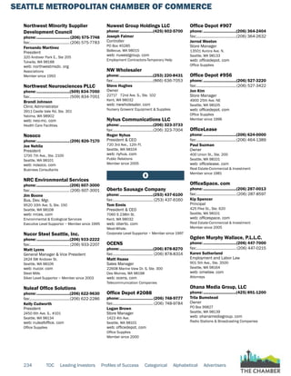 SEATTLE METROPOLITAN CHAMBER OF COMMERCE
234 TOC Leading Investors Profiles of Success Categorical Alphabetical Advertisers
Northwest Minority Supplier
Development Council
phone:...............................(206) 575-7748
fax:......................................(206) 575-7783
Fernando Martinez
President
320 Andover Park E., Ste 205
Tukwila, WA 98188
web: northwestmsdc. org
Associations
Member since 1993
Northwest Neurosciences PLLC
phone:...............................(509) 834-7050
fax:......................................(509) 834-7051
Brandi Johnson
Clinic Administrator
3911 Castle Vale Rd. Ste. 301
Yakima, WA 98902
web: neo-mc. com
Health Care Facilities
Nosoco
phone:...............................(206) 826-7170
Joe Nehila
President
1700 7th Ave., Ste. 2100
Seattle, WA 98101
web: nosoco. com
Business Consultants
NRC Environmental Services
phone:...............................(206) 607-3000
fax:...................................... (206) 607-3001
Jim Boone
Bus. Dev. Mgr.
9520 10th Ave. S, Ste. 150
Seattle, WA 98108
web: nrces. com
Environmental & Ecological Services
Executive Level Supportor ~ Member since 1995
Nucor Steel Seattle, Inc.
phone:...............................(206) 933-2222
fax:......................................(206) 933-2207
Matt Lyons
General Manager & Vice President
2424 SW Andover St.
Seattle, WA 98106
web: nucor. com
Steel Mills
Silver Level Supportor ~ Member since 2003
Nuleaf Office Solutions
phone:...............................(206) 622-9630
fax:......................................(206) 622-2286
Kelly Cudworth
President
2450 6th Ave. S., #101
Seattle, WA 98134
web: nuleafoffice. com
Office Supplies
Nuwest Group Holdings LLC
phone:...............................(425) 602-5700
Joseph Falmer
Controller
PO Box 40285
Bellevue, WA 98015
web: nuwestgroup. com
Employment Contractors-Temporary Help
NW Wholesaler
phone:...............................(253) 220-8431
fax:......................................(866) 636-7053
Steve Hughes
Owner
22717 72nd Ave. S., Ste. 102
Kent, WA 98032
web: nwwholesaler. com
Nursery Growers' Equipment & Supplies
Nyhus Communications LLC
phone:...............................(206) 323-3733
fax:......................................(206) 323-7004
Roger Nyhus
President & CEO
720 3rd Ave., 12th Fl.
Seattle, WA 98104
web: nyhus. com
Public Relations
Member since 2005
O
Oberto Sausage Company
phone:...............................(253) 437-6100
fax:...................................... (253) 437-6160
Tom Ennis
President & CEO
7060 S 238th St.
Kent, WA 98032
web: oberto. com
Meat-Whsle.
Corporate Level Supportor ~ Member since 1997
OCENS
phone:...............................(206) 878-8270
fax:...................................... (206) 878-8314
Matt Haase
Sales Manager
22608 Marine View Dr. S, Ste. 300
Des Moines, WA 98198
web: ocens. com
Telecommunication Companies
Office Depot #2088
phone:............................... (206) 748-9777
fax:...................................... (206) 748-9784
Logan Brown
Store Manager
1423 4th Ave.
Seattle, WA 98101
web: officedepot. com
Office Supplies
Member since 2000
Office Depot #907
phone:...............................(206) 364-2404
fax:......................................(206) 364-2632
Jerrod Weston
Store Manager
13501 Aurora Ave. N.
Seattle, WA 98133
web: officedepot. com
Office Supplies
Office Depot #956
phone:...............................(206) 527-3220
fax:......................................(206) 527-3422
Jon Kim
Store Manager
4900 25th Ave. NE
Seattle, WA 98105
web: officedepot. com
Office Supplies
Member since 1996
OfficeLease
phone:...............................(206) 624-0000
fax:......................................(206) 464-1389
Paul Suzman
Owner
400 Union St., Ste. 200
Seattle, WA 98101
web: officelease. com
Real Estate-Commercial & Investment
Member since 1981
OfficeSpace. com
phone:...............................(206) 287-0013
fax:...................................... (206) 287-8597
Kip Spencer
Principal
425 Pike St., Ste. 620
Seattle, WA 98101
web: officespace. com
Real Estate-Commercial & Investment
Member since 2005
Ogden Murphy Wallace, P.L.L.C.
phone:...............................(206) 447-7000
fax:...................................... (206) 447-0215
Karen Sutherland
Employment and Labor Law
901 5th Ave., Ste. 3500
Seattle, WA 98164
web: omwlaw. com
Attorneys
Ohana Media Group, LLC
phone:...............................(425) 891-1200
Trila Bumstead
Owner
PO Box 99827
Seattle, WA 98139
web: ohanamediagroup. com
Radio Stations & Broadcasting Companies
 