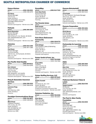 SEATTLE METROPOLITAN CHAMBER OF COMMERCE
238 TOC Leading Investors Profiles of Success Categorical Alphabetical Advertisers
Palace Kitchen
phone:...............................(206) 448-2001
fax:......................................(206) 448-1979
Sue Burns
General Manager
2030 5th Ave
Seattle, WA 98121
web: tomdouglas. com/index.
php?page=palace-kitchen
Restaurants
Executive Level Supportor ~ Member since 1998
Palisade
phone:...............................(206) 285-1000
Kevin Shoemaker
General Manager
Elliott Bay Marina
2601 W Marina Pl., Ste. RSeattle, WA 98199
web: palisaderestaurant. com
Restaurants
Corporate Level Supportor ~ Member since 1995
Palomino
phone:...............................(206) 623-1300
fax:......................................(206) 467-1386
Paul Evans
General Manager
City Centre Building
1420 5th Ave., 3rd FloorSeattle, WA 98101
web: r-u-i. com
Restaurants
Corporate Level Supportor ~ Member since 1994
Pan Pacific Hotel Seattle
phone:...............................(206) 264-8111
fax:......................................(206) 654-5049
Sam Johnson
General Manager
2125 Terry Ave.
Seattle, WA 98121
web: panpacific. com/seattle
Hotels & Other Accommodations
Corporate Level Supportor ~ Member since 2007
Pang & Associates Insurance
Services
phone:...............................(206) 298-3333
fax:......................................(206) 368-9438
Lawrence Pang
Owner
3161 Elliott Ave. #390
Seattle, WA 98121
Insurance
Paradigm Communications Group
phone:...............................(206) 441-5871
fax:......................................(206) 448-6939
Mimi Kirsch
Publisher/President
2701 1st Ave., Ste. 250
Seattle, WA 98121
web: paradigmcg. com
Publishers-Periodicals
Member since 1989
ParentMap
phone:...............................(206) 612-7333
Anne Doss Hardy
Account Executive
4742 42nd Ave. SW
Seattle, WA 98116
web: parentmap. com
Parenting
The Parents Union
phone:...............................(425) 214-4496
Eddie Sumlin
Executive Director
210 S Hudson St., #318
Seattle, WA 98134
web: theparentsunion. org
Nonprofit Organizations
Park Shore Retirement
Community
phone:...............................(206) 329-0770
fax:......................................(206) 329-0227
Sally Nafziger
Vice President, Sales & Marketing
1630 43rd Ave. E
Seattle, WA 98112
web: prcn. net
Retirement & Life Care Communities & Homes
Corporate Level Supportor
Parker Smith & Feek, Inc.
phone:...............................(425) 709-3600
fax:...................................... (425) 709-7460
Greg Collins
President
2233 112th Ave. NE
Bellevue, WA 98004
web: psfinc. com
Insurance
Corporate Level Supportor ~ Member since 1955
Parker Staffing Services, LLC
phone:...............................(206) 447-9447
fax:......................................(206) 223-8227
Debbie Crandall
CEO
818 Stewart St., Ste. 1210
Seattle, WA 98101
web: parkerservices. com
Employment Contractors-Temporary Help
Corporate Level Supportor ~ Member since 2007
Parkview Pediatrics, Inc.
phone:...............................(509) 766-9450
fax:...................................... (509) 765-9407
Dawn Bross
Office Manager
615 S Division St.
Moses Lake, WA 98837
Clinics-Medical
Parsons Brinckerhoff
phone:...............................(206) 382-5200
fax:......................................(206) 382-5222
Jared Smith
Sr. Vice President, Northwest Manager
999 3rd Ave., Ste. 3200
Seattle, WA 98104
web: pbworld. com
Engineers-Consulting
Executive Level Supportor ~ Member since 1978
Parsons Corporation
phone:...............................(206) 494-3101
fax:......................................(206) 494-0960
David Warner
Area Manager
600 University St., Ste. 1130
Seattle, WA 98101
web: parsons. com
Engineers
Corporate Level Supportor ~ Member since 2003
Partnership for Learning
phone:...............................(206) 625-9655
fax:......................................(206) 447-0502
Jana Carlisle
Executive Director
520 Pike St., Ste. 1212
Seattle, WA 98101
web: partnership4learning. org
Educational Programs & Services
Member since 1995
PATH
phone:...............................(206) 285-3500
fax:......................................(206) 285-6619
Ellen Cole
Director of Outreach
2201 Westlake Ave. W, Ste. 200
Seattle, WA 98121
web: path. org
Nonprofit Organizations
Member since 2007
Patterson Buchanan Fobes &
Leitch
phone:...............................(206) 462-6700
Joseph Canfield
HR Director
2112 Third Ave., Ste. 500
Seattle, WA 98121
web: pattersonbuchanan. com
Attorneys
Executive Level Supportor
The Paul G. Allen Family
Foundation
phone:...............................(206) 342-2030
Lisa Arnold
Grants Manager
505 5th Ave. S, Ste. 900
Seattle, WA 98104
web: pgafamilyfoundation. org
Nonprofit Organizations
Gold Level Supportor ~ Member since 2008
 