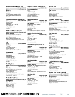 MEMBERSHIP DIRECTORY 239TOCAdvertise in this Directory
Paul Richardson Agency, Inc.
phone:...............................(509) 529-0935
fax:......................................(509) 529-2838
Phil Oberg
President
2 W Main
PO Box 758Walla Walla, WA 99362
web: paulrichardsonagency. com
Insurance
Paychex Insurance Agency, Inc.
phone:.............................. (425) 235-1112
Sadie Whipple
Sales Agent
20829 72nd Ave. S, Ste. 400
Kent, WA 98032
web: paychex. com
Insurance
PC Bennett Consulting Inc
phone:...............................(425) 831-7924
Jordan Lamborn
Marketing and Sales Coordinator
PO Box 184
North Bend, WA 98045
web: pcbennettconsulting. com
Computers-System Designers &Consultants
PCI
phone:...............................(253) 330-9809
Zak Priest
Principal
2424 Queen Anne Ave. N
Seattle, WA 98109
Cellular & Wireless Phones & Service
Peak Dental
phone:...............................(425) 409-2105
Erik Alarcon
Regional Manager
17425 Hwy. 99, Ste. D
Lynnwood, WA 98037
web: peak-dental. com
Dentists
Peak Systems
phone:...............................(206) 521-5700
fax:......................................(206) 623-1280
Peter Nash
Director of Business Development
1301 5th Ave., Ste. 1225
Seattle, WA 98101
web: peaksystems. com
Computers-System Designers &Consultants
Corporate Level Supportor
Peet's Coffee & Tea
phone:...............................(206) 267-1440
Sarah Johnson
Store Manager
6850 E Greenlake Way N
Seattle, WA 98115
web: peets. com
Coffee & Tea-Retail
Member since 2001
Pegasus - Global Holdings, Inc.
phone:...............................(509) 857-2235
Dr. Patricia Galloway
CEO
1750 Emerick Rd.
Cle Elum, WA 98922
web: pegasus-global. com
Business Consultants
Corporate Level Supportor
PEMCO Insurance
phone:...............................(206) 628-7998
fax:...................................... (206) 628-5971
Dan McGrady
Government Affairs Director
P.O. Box 778
Seattle, WA 98111
web: pemco. com
Insurance
Gold Level Supportor ~ Member since 1993
Pepple Communications
phone:...............................(206) 972-0014
Randy Pepple
CEO
300 Lenora St., #120
Seattle, WA 98121
Consultants
Member since 2008
Pepsi Beverage Company of
Seattle
phone:...............................(206) 587-0610
fax:......................................(206) 587-7554
Keith Kawachi
Northwest Market Director
2300 26th Ave. S.
Seattle, WA 98144
web: pepsi. com
Beverages-Distrs., Bottlers & Whsle.
Executive Level Supportor
Perkins Coie LLP
phone:...............................(206) 359-8000
fax:......................................(206) 359-9000
Stewart Landefeld
Firmwide Chair, Business Practice Group
1201 3rd Ave., Ste. 4800
Seattle, WA 98101
web: perkinscoie. com
Attorneys
Silver Level Supportor ~ Member since 1925
Perkins+Will
phone:...............................(206) 381-6000
fax:...................................... (206) 441-4981
Kay Kornovich
Director, Principal
1221 2nd Ave., Ste. 200
Seattle, WA 98101
web: perkinswill. com
Architects
Perteet, Inc.
phone:...............................(206) 436-0515
fax:...................................... (206) 436-0516
Jeff Lundstrom
PE
505 5th Ave. S, Ste. 300
Seattle, WA 98104
web: perteet. com
Engineers-Traffic & Transportation
Peterson Sullivan LLP
phone:...............................(206) 382-7777
fax:......................................(206) 382-7700
Jim Schneidmiller
Partner
Two Union Square
601 Union St., Ste. 2300Seattle, WA 98101
web: pscpa. com
Accountants-Certified Public
Corporate Level Supportor ~ Member since 1955
PGC Interbay
phone:...............................(206) 838-4550
Beth Hagen
CFO
2501 15th Ave. W
Seattle, WA 98119
web: premiergolfcenters. com
Golf Courses-Public
Member since 2003
Philips Healthcare
phone:...............................(800) 982-2011
fax:......................................(425) 485-3680
Sarah Haeger
Senior Communications Manager
22100 Bothell Everett Hwy
Bothell, WA 98021
web: healthcare.philips. com/main/
products/ultrasound/
Medical Equipment & Supplies
Corporate Level Supportor
Philips Publishing Group
phone:...............................(206) 284-8285
Peter Philips
President
2201 W Commodore Way
Seattle, WA 98199
web: philipspublishing. com
Publishers-Periodicals
Phillips Real Estate Services
phone:...............................(206) 622-8600
fax:......................................(206) 622-9991
Diane Castanes
Vice President
223 Taylor Ave. N., Ste.200
Seattle, WA 98109
web: seattlepropertymanagement. com
Property Management
 