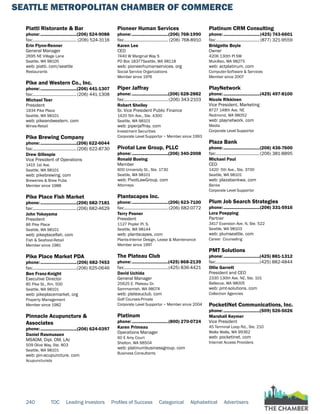 SEATTLE METROPOLITAN CHAMBER OF COMMERCE
240 TOC Leading Investors Profiles of Success Categorical Alphabetical Advertisers
Piatti Ristorante & Bar
phone:...............................(206) 524-9088
fax:...................................... (206) 524-3116
Erin Flynn-Renner
General Manager
2695 NE Village Lane
Seattle, WA 98105
web: piatti. com/seattle
Restaurants
Pike and Western Co., Inc.
phone:...............................(206) 441-1307
fax:......................................(206) 441-1308
Michael Teer
President
1934 Pike Place
Seattle, WA 98101
web: pikeandwestern. com
Wines-Retail
Pike Brewing Company
phone:...............................(206) 622-6044
fax:......................................(206) 622-8730
Drew Gillespie
Vice President of Operations
1415 1st Ave.
Seattle, WA 98101
web: pikebrewing. com
Breweries & Brew Pubs
Member since 1988
Pike Place Fish Market
phone:...............................(206) 682-7181
fax:......................................(206) 682-4629
John Yokoyama
President
86 Pike Place
Seattle, WA 98101
web: pikeplacefish. com
Fish & Seafood-Retail
Member since 1981
Pike Place Market PDA
phone:...............................(206) 682-7453
fax:......................................(206) 625-0646
Ben Franz-Knight
Executive Director
85 Pike St., Rm. 500
Seattle, WA 98101
web: pikeplacemarket. org
Property Management
Member since 1982
Pinnacle Acupuncture &
Associates
phone:...............................(206) 624-0397
Daniel Rasmussen
MSAOM, Dipl. OM, LAc
509 Olive Way, Ste. 803
Seattle, WA 98101
web: pin-acupuncture. com
Acupuncturists
Pioneer Human Services
phone:...............................(206) 768-1990
fax:...................................... (206) 768-8910
Karen Lee
CEO
7440 W Marginal Way S
PO Box 18377Seattle, WA 98118
web: pioneerhumanservices. org
Social Service Organizations
Member since 1976
Piper Jaffray
phone:...............................(206) 628-2882
fax:......................................(206) 343-2103
Robert Shelley
Sr. Vice President Public Finance
1420 5th Ave., Ste. 4300
Seattle, WA 98101
web: piperjaffray. com
Investment Securities
Corporate Level Supportor ~ Member since 1993
Pivotal Law Group, PLLC
phone:...............................(206) 340-2008
Ronald Bueing
Member
600 University St., Ste. 1730
Seattle, WA 98101
web: PivotLawGroup. com
Attorneys
Plantscapes Inc.
phone:...............................(206) 623-7100
fax:...................................... (206) 682-0772
Terry Posner
President
1127 Poplar Pl. S.
Seattle, WA 98144
web: plantscapes. com
Plants-Interior Design, Lease & Maintenance
Member since 1997
The Plateau Club
phone:...............................(425) 868-2139
fax:......................................(425) 836-4421
David Uchida
General Manager
25625 E. Plateau Dr.
Sammamish, WA 98074
web: plateauclub. com
Golf Courses-Private
Corporate Level Supportor ~ Member since 2004
Platinum
phone:...............................(800) 270-0724
Karen Primeau
Operations Manager
60 E Amy Court
Shelton, WA 98504
web: platinumbusinessgroup. com
Business Consultants
Platinum CRM Consulting
phone:...............................(425) 743-6601
fax:...................................... (877) 321-9559
Bridgette Boyle
Owner
4206 130th Pl SW
Mukilteo, WA 98275
web: actplatinum. com
Computer-Software & Services
Member since 2007
PlayNetwork
phone:...............................(425) 497-8100
Nicole Rikkinen
Vice President, Marketing
8727 148th Ave. NE
Redmond, WA 98052
web: playnetwork. com
Media
Corporate Level Supportor
Plaza Bank
phone:...............................(206) 436-7600
fax:......................................(206) 381-8895
Michael Paul
CEO
1420 5th Ave., Ste. 3700
Seattle, WA 98101
web: plazabankwa. com
Banks
Corporate Level Supportor
Plum Job Search Strategies
phone:...............................(206) 331-5916
Lora Poepping
Partner
3417 Evanston Ave. N, Ste. 522
Seattle, WA 98103
web: plumseattle. com
Career Counseling
PMT Solutions
phone:...............................(425) 881-1312
fax:......................................(425) 882-4844
Ollie Garrett
President and CEO
2330 130th Ave. NE, Ste. 101
Bellevue, WA 98005
web: pmt-solutions. com
Collection Agencies
PocketiNet Communications, Inc.
phone:...............................(509) 526-5026
Marshall Keymer
Vice President
45 Terminal Loop Rd., Ste. 210
Walla Walla, WA 99362
web: pocketinet. com
Internet Access Providers
 