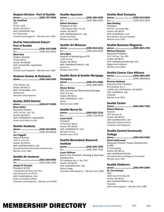 MEMBERSHIP DIRECTORY 249TOCAdvertise in this Directory
Seaport Division - Port of Seattle
phone:...............................(206) 787-3000
Tay Yoshitani
CEO
PO Box 1209
Seattle, WA 98111
web: portseattle. org
Port Authorities
Emerald Level Supportor ~ Member since 1999
SeaTac International Airport -
Port of Seattle
phone:...............................(206) 433-5388
fax:...................................... (206) 431-5912
Mark Reis
Aviation Director
PO Box 68727
Seattle, WA 98168
web: portseattle. org/seatac
Airports
Emerald Level Supportor ~ Member since 1999
Seatown Seabar & Rotisserie
phone:...............................(206) 436-0390
2010 Western Ave
Seattle, WA 98121
web: tomdouglas. com
Restaurants
Executive Level Supportor
Seattle 2030 District
phone:...............................(206) 877-2400
Brian Geller
Executive Director
1402 3rd Ave., Ste. 301
Seattle, WA 98101
web: 2030district. org/seattle
Government-State & Local
Seattle Academy
phone:...............................(206) 323-6600
fax:......................................(206) 323-6618
Joe Puggelli
Head of School
1201 E. Union St.
Seattle, WA 98122
web: seattleacademy. org
Schools-Academic-Secondary & Elementary
Member since 1984
Seattle Air Ventures
phone:...............................(201) 939-5050
fax:......................................(201) 939-1353
Joseph Di Domizio
President & CEO
1 Meadowlands Plaza, 9th Floor
East Rutherford, NJ 07073
web: hudsongroup. com
Airport Concessions-Retail
Corporate Level Supportor ~ Member since 2005
Seattle Aquarium
phone:...............................(206) 386-4300
fax:......................................(206) 386-4328
Robert Davidson
President & CEO
1483 Alaskan Way, Pier 59
Seattle, WA 98101
web: seattleaquarium. org
Aquariums-Public
Member since 1989
Seattle Art Museum
phone:...............................(206) 654-3210
fax:......................................(206) 654-3135
Cara Egan
Director of Marketing and PR
1300 1st Ave.
Seattle, WA 98101
web: seattleartmuseum. org
Museums
Member since 1978
Seattle Bank & Seattle Mortgage
Company
phone:...............................(206) 971-3580
fax:......................................(206) 568-4600
Steven Barker
SVP, Commercial Relationship Manager
2827 2nd Ave.
Seattle, WA 98121
web: seattlebank. com
Banks
Member since 1999
Seattle Barrel Co
phone:...............................(206) 622-7218
fax:......................................(206) 722-0518
Louie Sanft
President
4716 Airport Way S
Seattle, WA 98108
web: seattlebarrel. com
Barrels & Drums
Member since 1973
Seattle Biomedical Research
Institute
phone:...............................(206) 256-7200
fax:......................................(206) 256-7229
Louie Coffman
Senior Vice President, Strategy & Business
Development
307 Westlake Ave. N, Ste. 500
Seattle, WA 98109
web: seattlebiomed. org
Biotechnology
Corporate Level Supportor ~ Member since 2008
Seattle Boat Company
phone:...............................(206) 633-2628
fax:......................................(206) 633-1004
Alan Bohling
President
659 N.E. Northlake Way
Seattle, WA 98105
web: seattleboat. com
Boat Dealers, Equip & Supplies
Member since 2002
Seattle Business Magazine
phone:...............................(206) 284-1750
Michael Romoser
Associate Publisher
1417 4th Ave., Ste. 600
Seattle, WA 98101
web: seattlebusinessmag. com
Magazines-Publishers
Member since 2008
Seattle Cancer Care Alliance
phone:...............................(206) 288-1400
fax:......................................(206) 288-6643
Norman Hubbard
Executive Vice President
825 Eastlake Ave. E.
G-6060, Box 19023Seattle, WA 98109
web: seattlecca. org
Hospitals
Member since 2001
Seattle Center
phone:...............................(206) 684-7330
Robert Nellams
Director
305 Harrison St.
Seattle, WA 98109
web: seattlecenter. com
Festivals & Special Events
Corporate Level Supportor
Seattle Central Community
College
phone:...............................(206) 934-5450
David Underwood
Associate Director, Project Development
& SIIR
1701 Broadway
Seattle, WA 98122
web: seattlecentral.edu
Schools-Academic-Colleges & Universities
Member since 1997
Seattle Children's
phone:...............................(206) 987-2000
Dr. Tom Hansen
CEO
4800 Sand Point Way NE
Seattle, WA 98105
web: seattlechildrens. org
Hospitals
Silver Level Supportor ~ Member since 1980
 